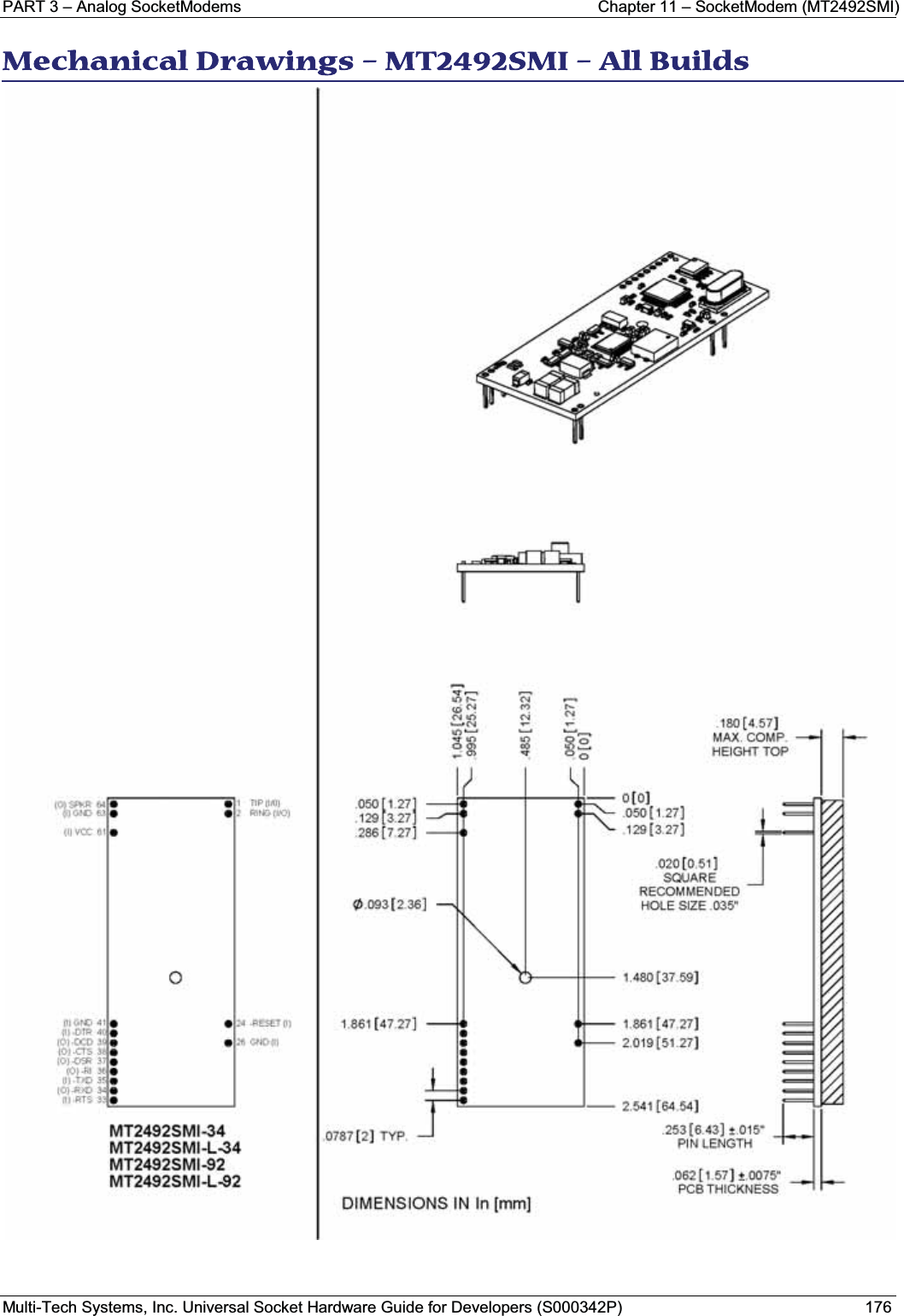 PART 3 – Analog SocketModems  Chapter 11 – SocketModem (MT2492SMI)Multi-Tech Systems, Inc. Universal Socket Hardware Guide for Developers (S000342P) 176MMechanical Drawings – MT2492SMI – All Builds 