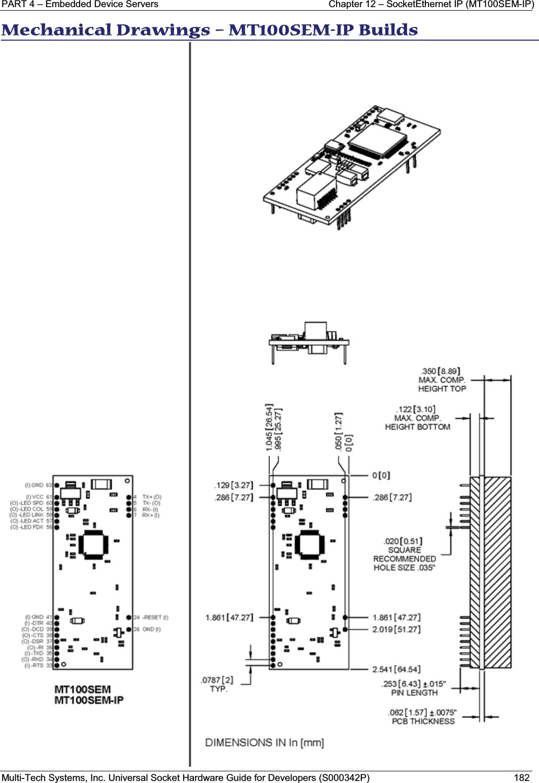 PART 4 – Embedded Device Servers Chapter 12 – SocketEthernet IP (MT100SEM-IP) Multi-Tech Systems, Inc. Universal Socket Hardware Guide for Developers (S000342P) 182MMechanical Drawings – MT100SEM-IP Builds 