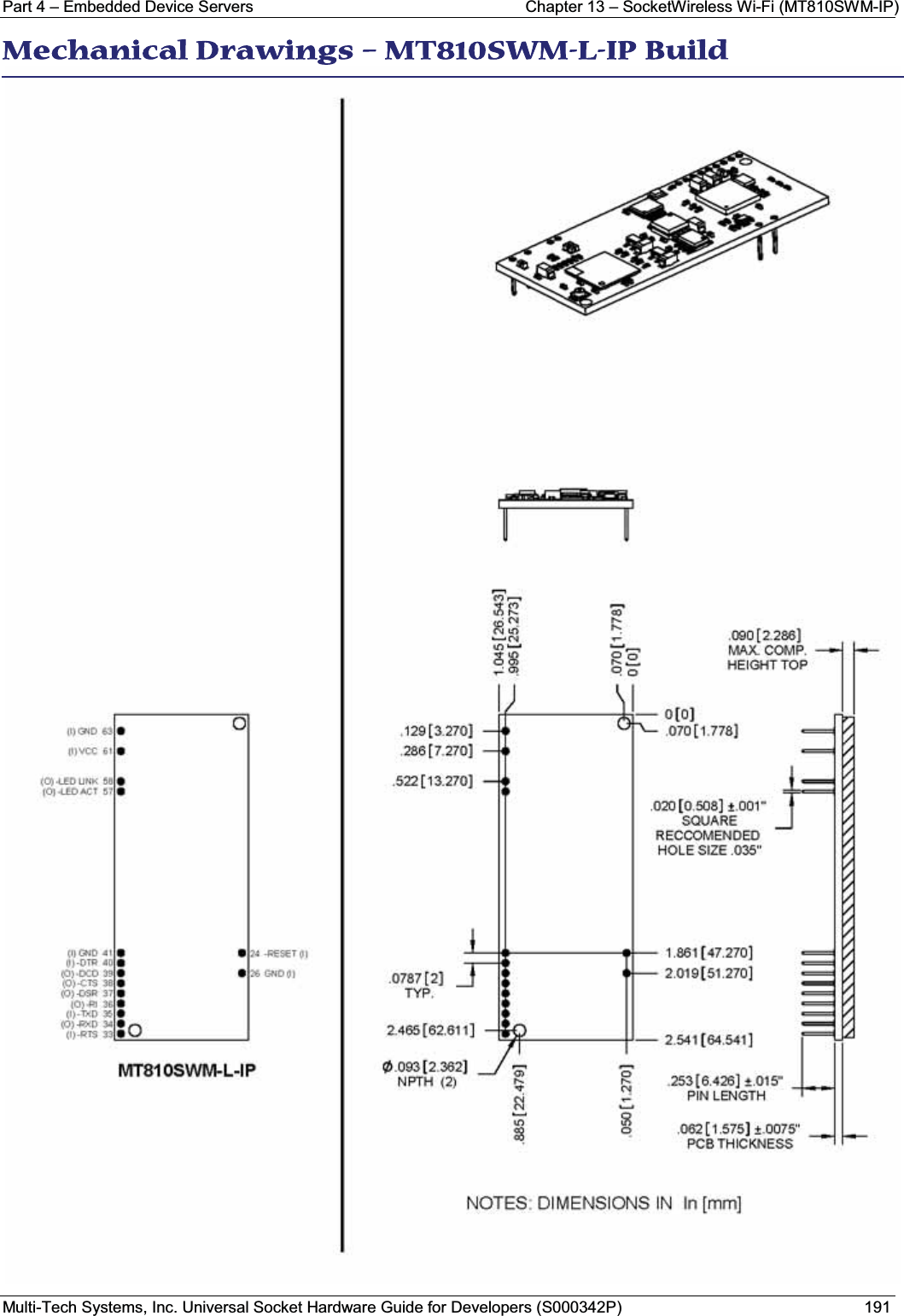 Part 4 – Embedded Device Servers Chapter 13 – SocketWireless Wi-Fi (MT810SWM-IP)Multi-Tech Systems, Inc. Universal Socket Hardware Guide for Developers (S000342P) 191MMechanical Drawings – MT810SWM-L-IP Build 