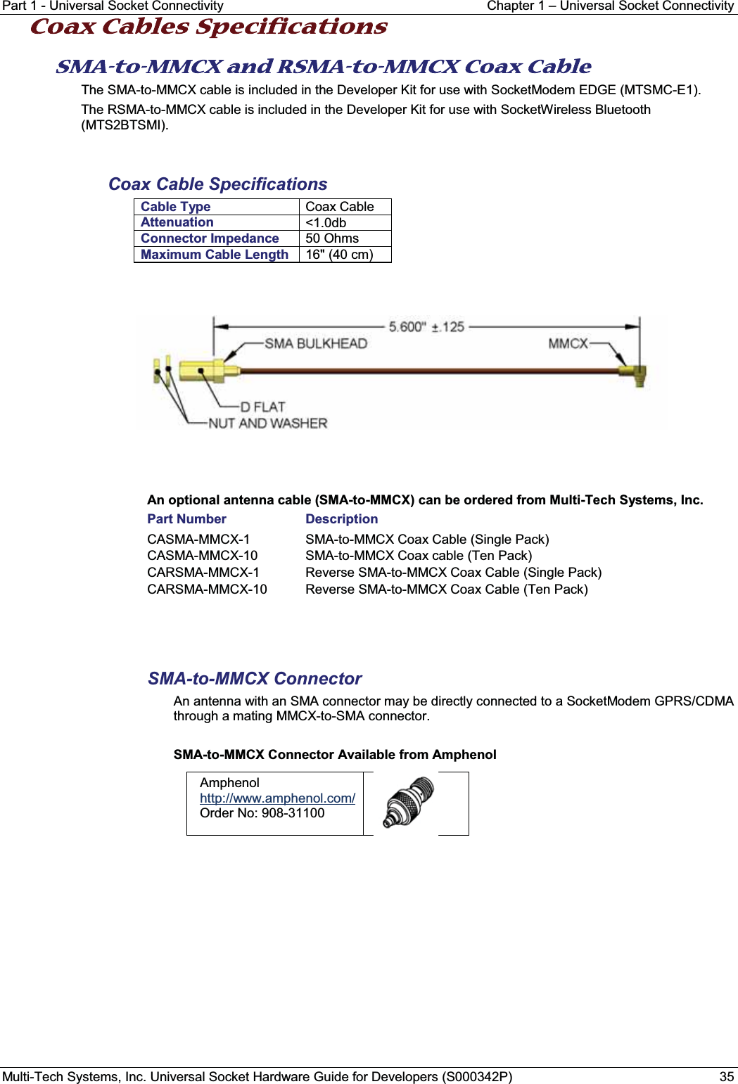 Part 1 - Universal Socket Connectivity Chapter 1 – Universal Socket ConnectivityMulti-Tech Systems, Inc. Universal Socket Hardware Guide for Developers (S000342P) 35CCoax Cables Specifications SMA-to-MMCX and RSMA-to-MMCX Coax Cable The SMA-to-MMCX cable is included in the Developer Kit for use with SocketModem EDGE (MTSMC-E1).The RSMA-to-MMCX cable is included in the Developer Kit for use with SocketWireless Bluetooth (MTS2BTSMI). Coax Cable SpecificationsCable Type Coax CableAttenuation &lt;1.0dbConnector Impedance 50 OhmsMaximum Cable Length 16&quot; (40 cm)An optional antenna cable (SMA-to-MMCX) can be ordered from Multi-Tech Systems, Inc. Part Number DescriptionCASMA-MMCX-1 SMA-to-MMCX Coax Cable (Single Pack)CASMA-MMCX-10 SMA-to-MMCX Coax cable (Ten Pack)CARSMA-MMCX-1 Reverse SMA-to-MMCX Coax Cable (Single Pack)CARSMA-MMCX-10 Reverse SMA-to-MMCX Coax Cable (Ten Pack)SMA-to-MMCX Connector An antenna with an SMA connector may be directly connected to a SocketModem GPRS/CDMA through a mating MMCX-to-SMA connector.SMA-to-MMCX Connector Available from AmphenolAmphenol http://www.amphenol.com/Order No: 908-31100