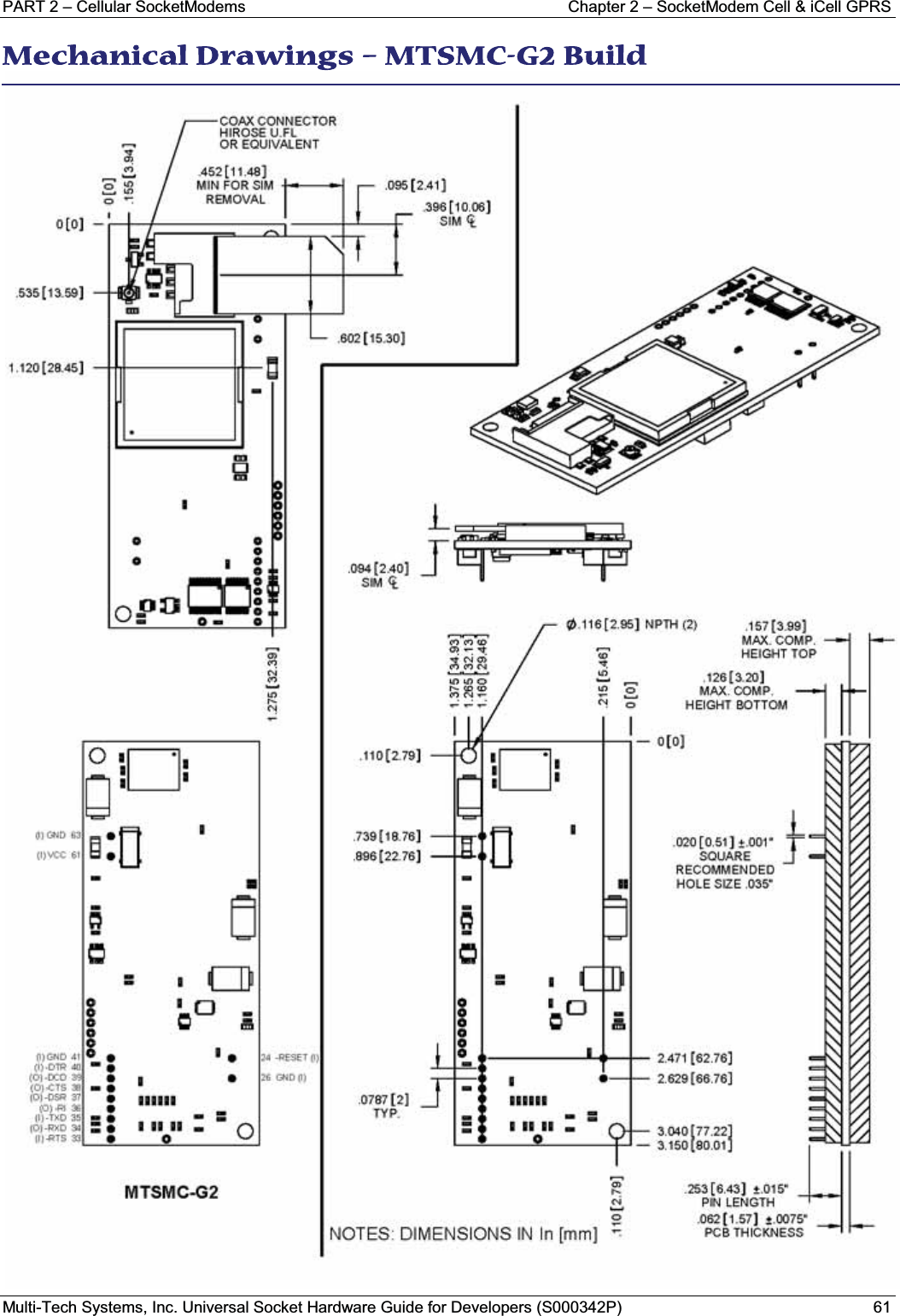 PART 2 – Cellular SocketModems  Chapter 2 – SocketModem Cell &amp; iCell GPRSMulti-Tech Systems, Inc. Universal Socket Hardware Guide for Developers (S000342P) 61MMechanical Drawings – MTSMC-G2 Build  