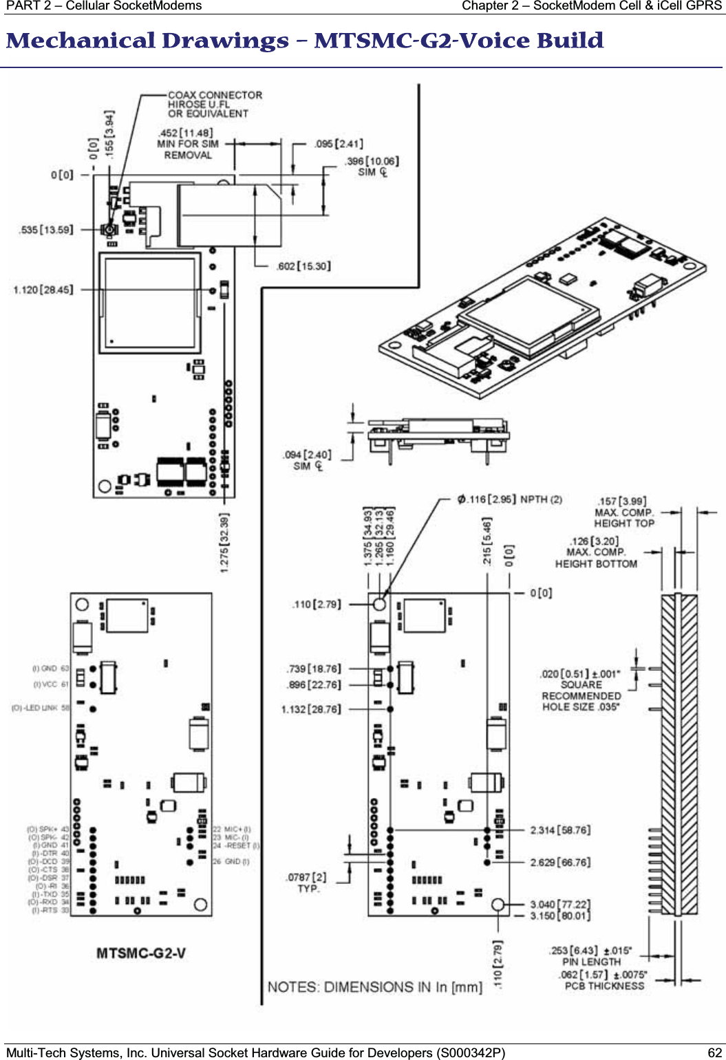 PART 2 – Cellular SocketModems  Chapter 2 – SocketModem Cell &amp; iCell GPRSMulti-Tech Systems, Inc. Universal Socket Hardware Guide for Developers (S000342P) 62MMechanical Drawings – MTSMC-G2-Voice Build 