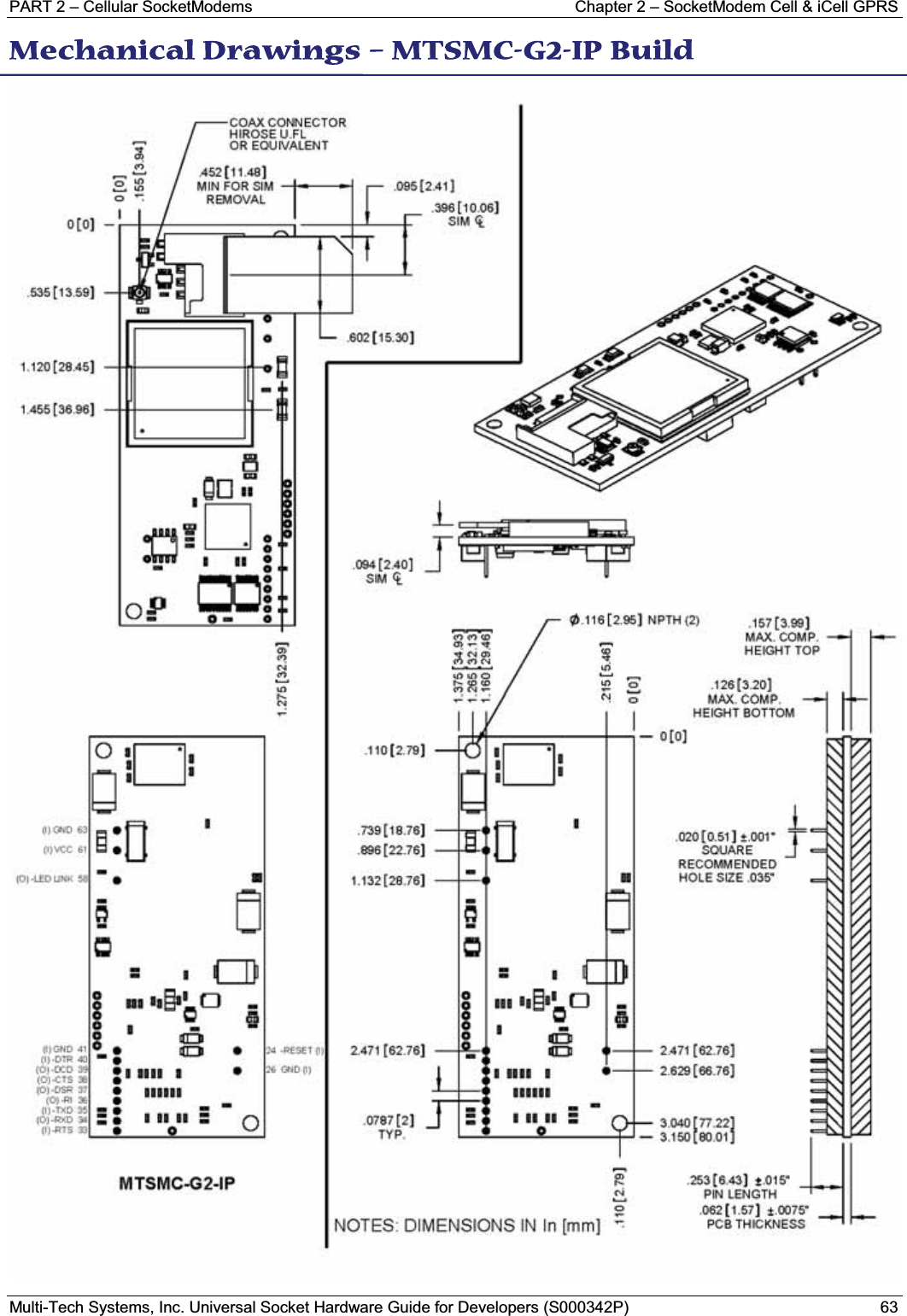 PART 2 – Cellular SocketModems  Chapter 2 – SocketModem Cell &amp; iCell GPRSMulti-Tech Systems, Inc. Universal Socket Hardware Guide for Developers (S000342P) 63MMechanical Drawings – MTSMC-G2-IP Build 