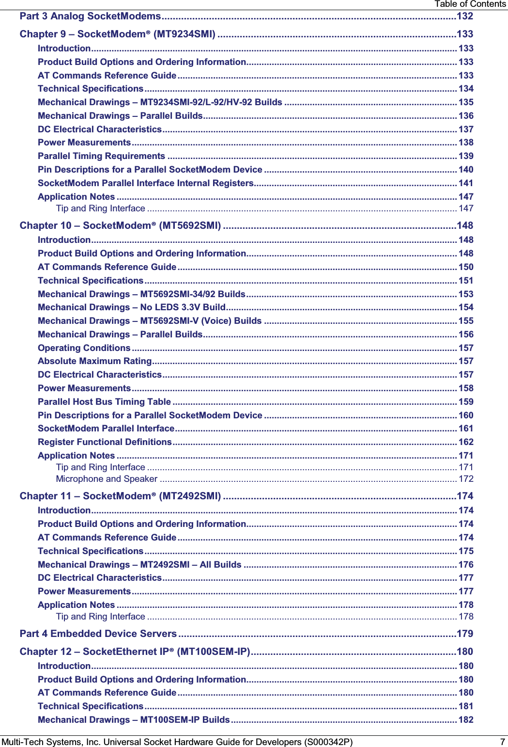 Table of ContentsMulti-Tech Systems, Inc. Universal Socket Hardware Guide for Developers (S000342P) 7Part 3 Analog SocketModems..........................................................................................................132Chapter 9 – SocketModem®(MT9234SMI) ......................................................................................133Introduction................................................................................................................................................ 133Product Build Options and Ordering Information................................................................................... 133AT Commands Reference Guide.............................................................................................................. 133Technical Specifications........................................................................................................................... 134Mechanical Drawings – MT9234SMI-92/L-92/HV-92 Builds .................................................................... 135Mechanical Drawings – Parallel Builds.................................................................................................... 136DC Electrical Characteristics.................................................................................................................... 137Power Measurements................................................................................................................................ 138Parallel Timing Requirements .................................................................................................................. 139Pin Descriptions for a Parallel SocketModem Device ............................................................................ 140SocketModem Parallel Interface Internal Registers................................................................................ 141Application Notes ...................................................................................................................................... 147Tip and Ring Interface .......................................................................................................................... 147Chapter 10 – SocketModem®(MT5692SMI) ....................................................................................148Introduction................................................................................................................................................ 148Product Build Options and Ordering Information................................................................................... 148AT Commands Reference Guide.............................................................................................................. 150Technical Specifications........................................................................................................................... 151Mechanical Drawings – MT5692SMI-34/92 Builds................................................................................... 153Mechanical Drawings – No LEDS 3.3V Build........................................................................................... 154Mechanical Drawings – MT5692SMI-V (Voice) Builds ............................................................................ 155Mechanical Drawings – Parallel Builds.................................................................................................... 156Operating Conditions................................................................................................................................ 157Absolute Maximum Rating........................................................................................................................ 157DC Electrical Characteristics.................................................................................................................... 157Power Measurements................................................................................................................................ 158Parallel Host Bus Timing Table ................................................................................................................ 159Pin Descriptions for a Parallel SocketModem Device ............................................................................ 160SocketModem Parallel Interface............................................................................................................... 161Register Functional Definitions................................................................................................................ 162Application Notes ...................................................................................................................................... 171Tip and Ring Interface .......................................................................................................................... 171Microphone and Speaker ..................................................................................................................... 172Chapter 11 – SocketModem®(MT2492SMI) ....................................................................................174Introduction................................................................................................................................................ 174Product Build Options and Ordering Information................................................................................... 174AT Commands Reference Guide.............................................................................................................. 174Technical Specifications........................................................................................................................... 175Mechanical Drawings – MT2492SMI – All Builds .................................................................................... 176DC Electrical Characteristics.................................................................................................................... 177Power Measurements................................................................................................................................ 177Application Notes ...................................................................................................................................... 178Tip and Ring Interface .......................................................................................................................... 178Part 4 Embedded Device Servers ....................................................................................................179Chapter 12 – SocketEthernet IP®(MT100SEM-IP)..........................................................................180Introduction................................................................................................................................................ 180Product Build Options and Ordering Information................................................................................... 180AT Commands Reference Guide.............................................................................................................. 180Technical Specifications........................................................................................................................... 181Mechanical Drawings – MT100SEM-IP Builds......................................................................................... 182