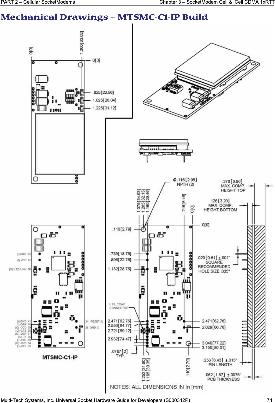 PART 2 – Cellular SocketModems Chapter 3 – SocketModem Cell &amp; iCell CDMA 1xRTT Multi-Tech Systems, Inc. Universal Socket Hardware Guide for Developers (S000342P) 74MMechanical Drawings – MTSMC-C1-IP Build 