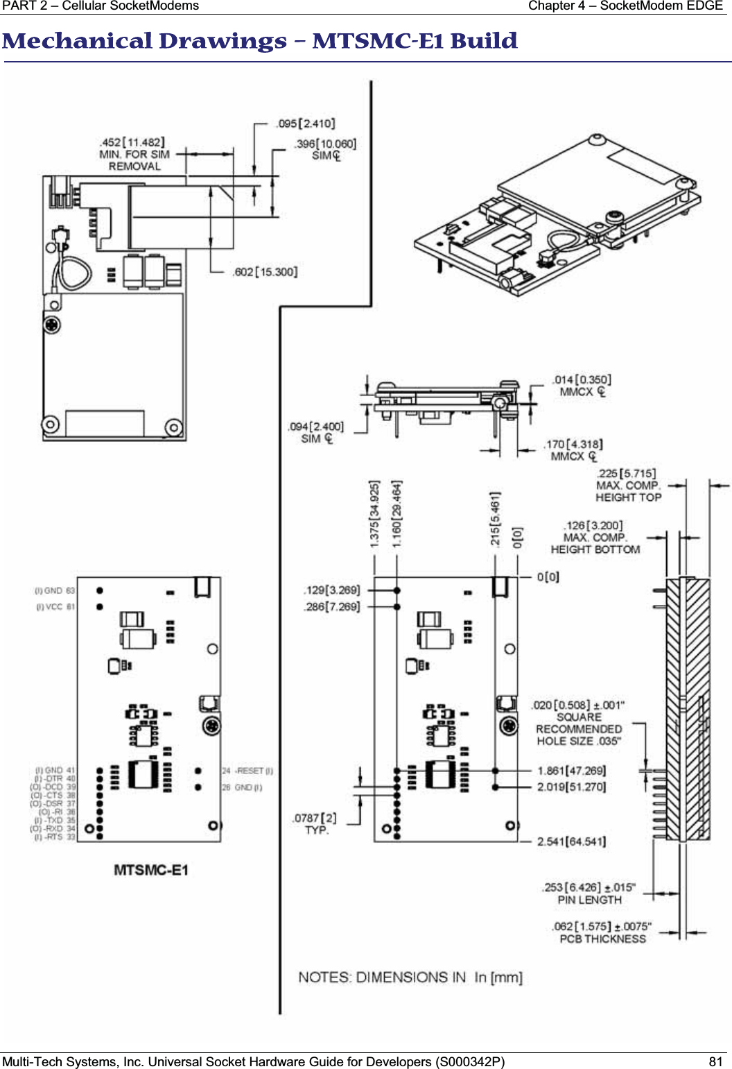 PART 2 – Cellular SocketModems Chapter 4 – SocketModem EDGEMulti-Tech Systems, Inc. Universal Socket Hardware Guide for Developers (S000342P) 81MMechanical Drawings – MTSMC-E1 Build 