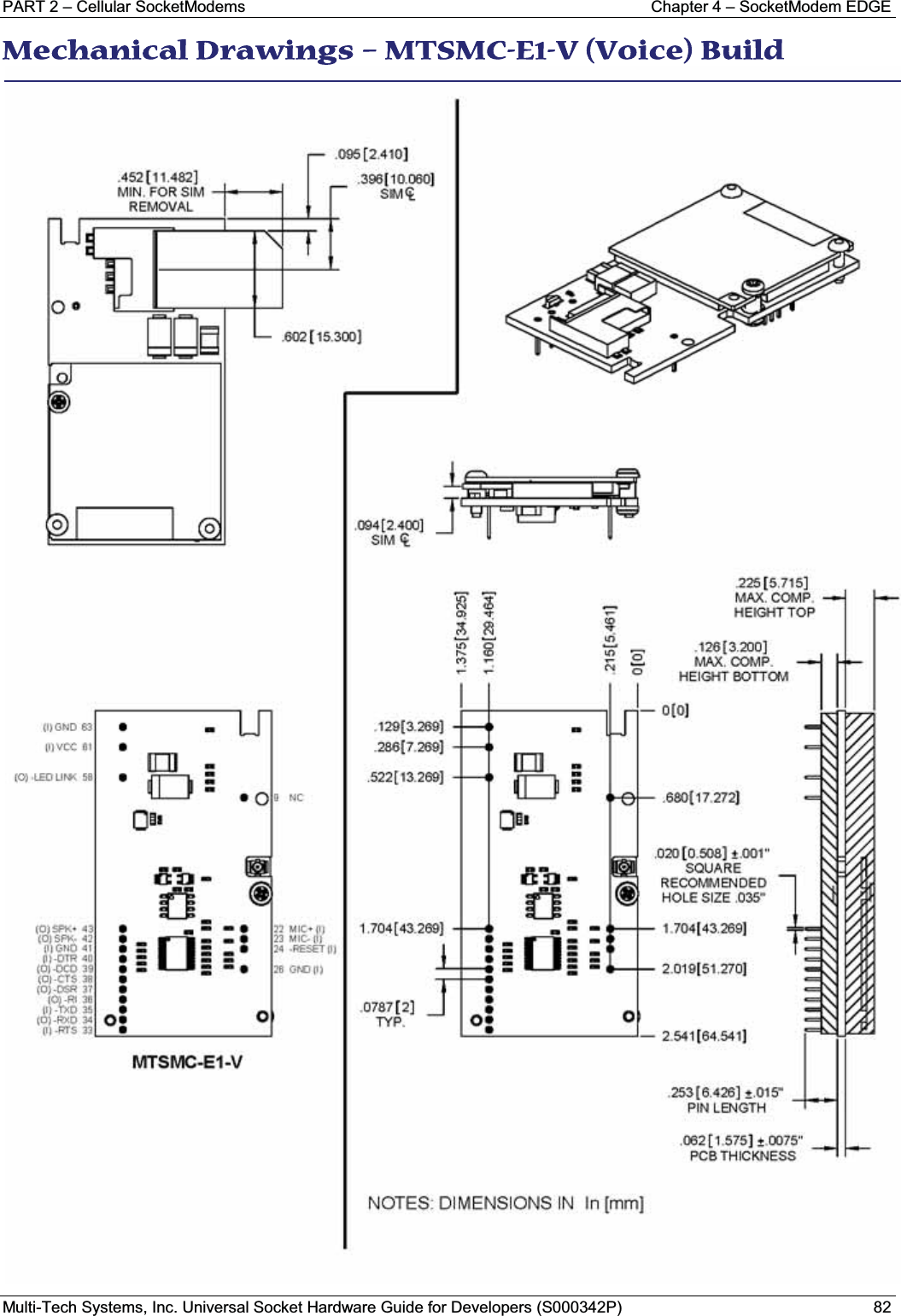 PART 2 – Cellular SocketModems Chapter 4 – SocketModem EDGEMulti-Tech Systems, Inc. Universal Socket Hardware Guide for Developers (S000342P) 82MMechanical Drawings – MTSMC-E1-V (Voice) Build