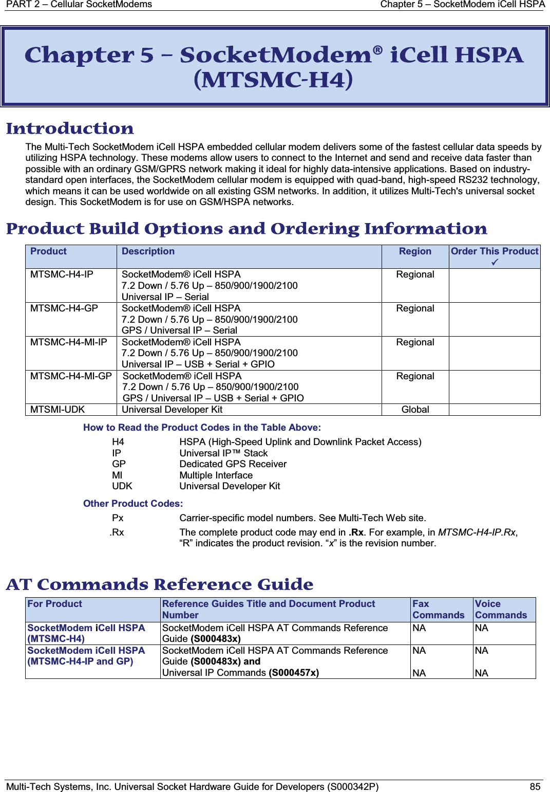 PART 2 – Cellular SocketModems Chapter 5 – SocketModem iCell HSPAMulti-Tech Systems, Inc. Universal Socket Hardware Guide for Developers (S000342P) 85CChapter 5 – SocketModem® iCell HSPA (MTSMC-H4) Introduction The Multi-Tech SocketModem iCell HSPA embedded cellular modem delivers some of the fastest cellular data speeds by utilizing HSPA technology. These modems allow users to connect to the Internet and send and receive data faster than possible with an ordinary GSM/GPRS network making it ideal for highly data-intensive applications. Based on industry-standard open interfaces, the SocketModem cellular modem is equipped with quad-band, high-speed RS232 technology, which means it can be used worldwide on all existing GSM networks. In addition, it utilizes Multi-Tech&apos;s universal socket design. This SocketModem is for use on GSM/HSPA networks.Product Build Options and Ordering Information Product Description Region Order This Product3 MTSMC-H4-IP SocketModem® iCell HSPA 7.2 Down / 5.76 Up – 850/900/1900/2100Universal IP – SerialRegionalMTSMC-H4-GP SocketModem® iCell HSPA 7.2 Down / 5.76 Up – 850/900/1900/2100GPS / Universal IP – SerialRegionalMTSMC-H4-MI-IP SocketModem® iCell HSPA 7.2 Down / 5.76 Up – 850/900/1900/2100Universal IP – USB + Serial + GPIORegionalMTSMC-H4-MI-GP SocketModem® iCell HSPA 7.2 Down / 5.76 Up – 850/900/1900/2100GPS / Universal IP – USB + Serial + GPIORegionalMTSMI-UDK Universal Developer Kit GlobalHow to Read the Product Codes in the Table Above:H4 HSPA (High-Speed Uplink and Downlink Packet Access)IP Universal IP™ StackGP Dedicated GPS ReceiverMI Multiple InterfaceUDK Universal Developer KitOther Product Codes:Px Carrier-specific model numbers. See Multi-Tech Web site..Rx The complete product code may end in .Rx. For example, in MTSMC-H4-IP.Rx,“R” indicates the product revision. “x” is the revision number.AT Commands Reference Guide For Product Reference Guides Title and Document Product NumberFax CommandsVoice CommandsSocketModem iCell HSPA(MTSMC-H4)SocketModem iCell HSPA AT Commands Reference Guide (S000483x)NA NASocketModem iCell HSPA(MTSMC-H4-IP and GP)SocketModem iCell HSPA AT Commands Reference Guide (S000483x) andUniversal IP Commands (S000457x)NANANANA