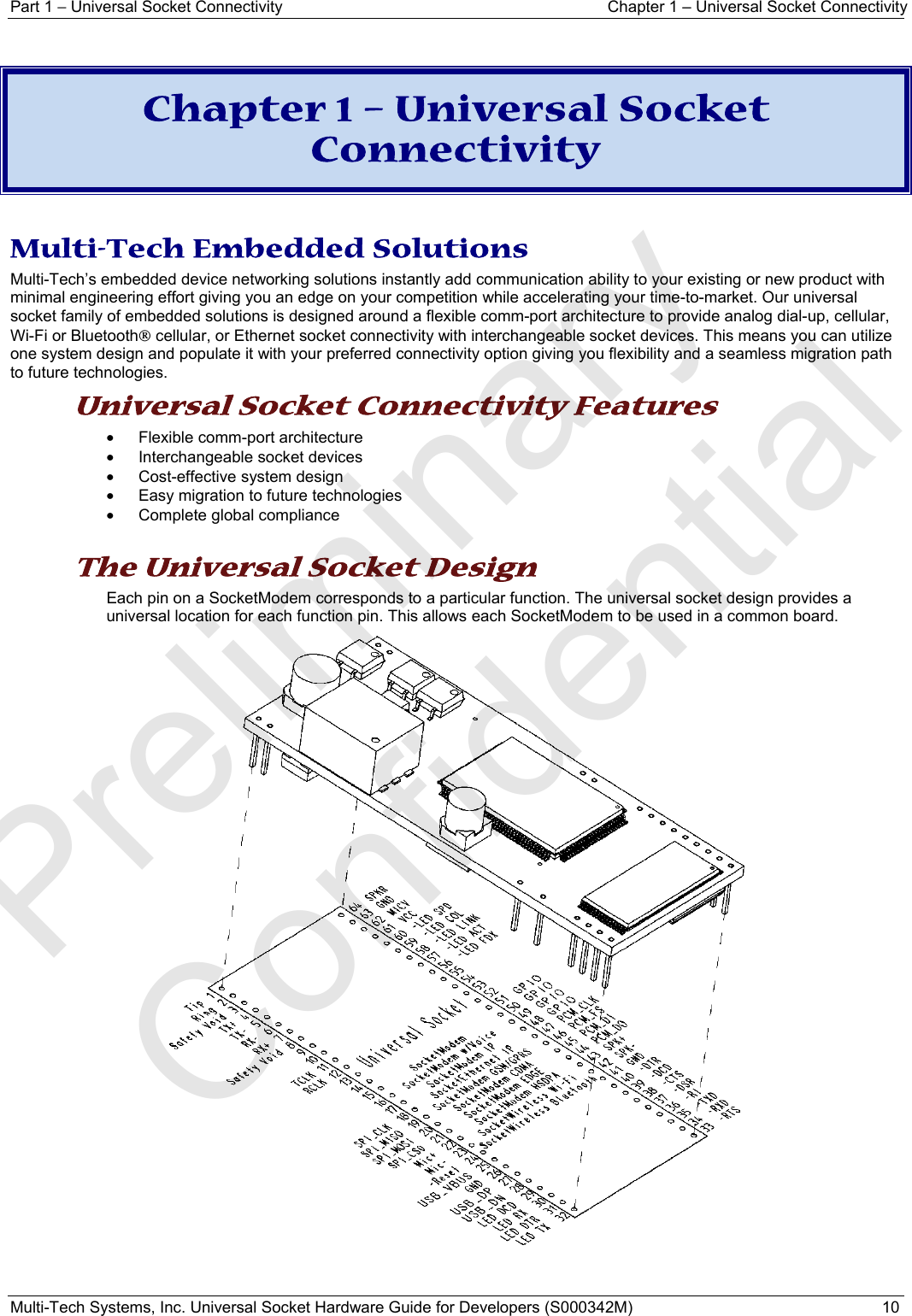 Part 1 − Universal Socket Connectivity  Chapter 1 – Universal Socket Connectivity Multi-Tech Systems, Inc. Universal Socket Hardware Guide for Developers (S000342M)  10   Chapter 1 – Universal Socket Connectivity  Multi-Tech Embedded Solutions Multi-Tech’s embedded device networking solutions instantly add communication ability to your existing or new product with minimal engineering effort giving you an edge on your competition while accelerating your time-to-market. Our universal socket family of embedded solutions is designed around a flexible comm-port architecture to provide analog dial-up, cellular, Wi-Fi or Bluetooth® cellular, or Ethernet socket connectivity with interchangeable socket devices. This means you can utilize one system design and populate it with your preferred connectivity option giving you flexibility and a seamless migration path to future technologies.  Universal Socket Connectivity Features •  Flexible comm-port architecture  •  Interchangeable socket devices • Cost-effective system design •  Easy migration to future technologies •  Complete global compliance  The Universal Socket Design  Each pin on a SocketModem corresponds to a particular function. The universal socket design provides a universal location for each function pin. This allows each SocketModem to be used in a common board.   Preliminary  Confidential