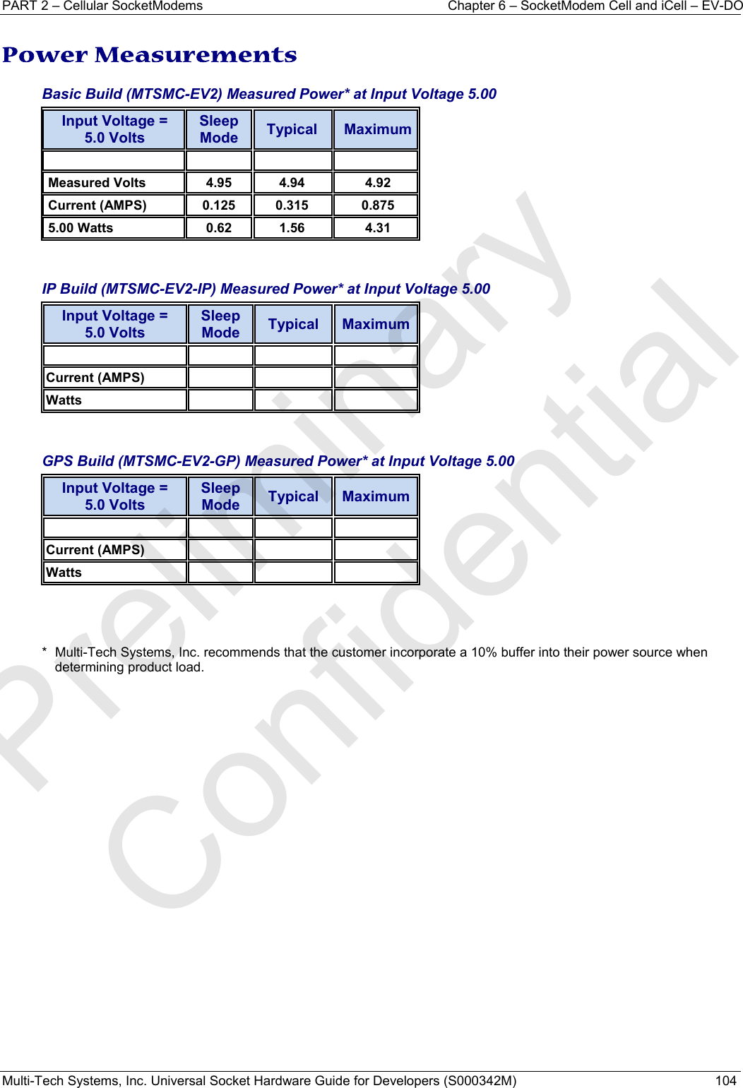 PART 2 – Cellular SocketModems  Chapter 6 – SocketModem Cell and iCell – EV-DO Multi-Tech Systems, Inc. Universal Socket Hardware Guide for Developers (S000342M)  104  Power Measurements Basic Build (MTSMC-EV2) Measured Power* at Input Voltage 5.00 Input Voltage =  5.0 Volts Sleep Mode Typical MaximumMeasured Volts  4.95  4.94 4.92Current (AMPS) 0.125 0.315 0.875 5.00 Watts 0.62 1.56 4.31   IP Build (MTSMC-EV2-IP) Measured Power* at Input Voltage 5.00 Input Voltage =  5.0 Volts Sleep Mode Typical MaximumCurrent (AMPS) Watts   GPS Build (MTSMC-EV2-GP) Measured Power* at Input Voltage 5.00 Input Voltage =  5.0 Volts Sleep Mode Typical MaximumCurrent (AMPS) Watts    *  Multi-Tech Systems, Inc. recommends that the customer incorporate a 10% buffer into their power source when determining product load.   Preliminary  Confidential