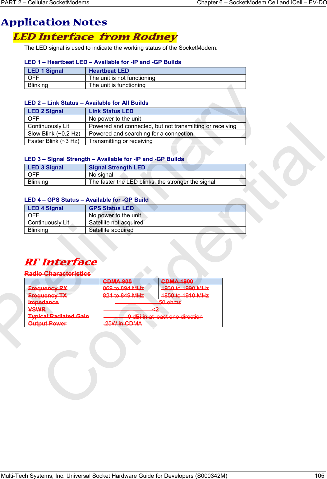 PART 2 – Cellular SocketModems  Chapter 6 – SocketModem Cell and iCell – EV-DO Multi-Tech Systems, Inc. Universal Socket Hardware Guide for Developers (S000342M)  105  Application Notes LED Interface  from Rodney The LED signal is used to indicate the working status of the SocketModem. LED 1 – Heartbeat LED – Available for -IP and -GP Builds               LED 1 Signal  Heartbeat LEDOFF  The unit is not functioning Blinking  The unit is functioning  LED 2 – Link Status – Available for All Builds            LED 2 Signal  Link Status LEDOFF  No power to the unit Continuously Lit  Powered and connected, but not transmitting or receiving Slow Blink (~0.2 Hz)  Powered and searching for a connection Faster Blink (~3 Hz)  Transmitting or receiving  LED 3 – Signal Strength – Available for -IP and -GP Builds                      LED 3 Signal  Signal Strength LEDOFF No signal  Blinking  The faster the LED blinks, the stronger the signal  LED 4 – GPS Status – Available for -GP Build                                      LED 4 Signal  GPS Status LEDOFF  No power to the unit Continuously Lit  Satellite not acquired Blinking Satellite acquired   RF Interface Radio Characteristics  CDMA 800 CDMA 1900Frequency RX 869 to 894 MHz  1930 to 1990 MHz Frequency TX 824 to 849 MHz  1850 to 1910 MHz Impedance                            50 ohms VSWR                               &lt;2Typical Radiated Gain                0 dBi in at least one direction Output Power .25W in CDMA    Preliminary  Confidential