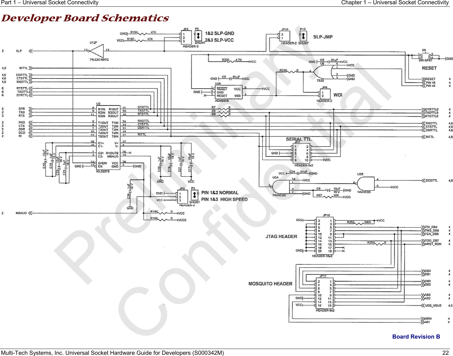 Part 1 − Universal Socket Connectivity  Chapter 1 – Universal Socket Connectivity Multi-Tech Systems, Inc. Universal Socket Hardware Guide for Developers (S000342M)  22  Developer Board Schematics   Board Revision B  Preliminary  Confidential