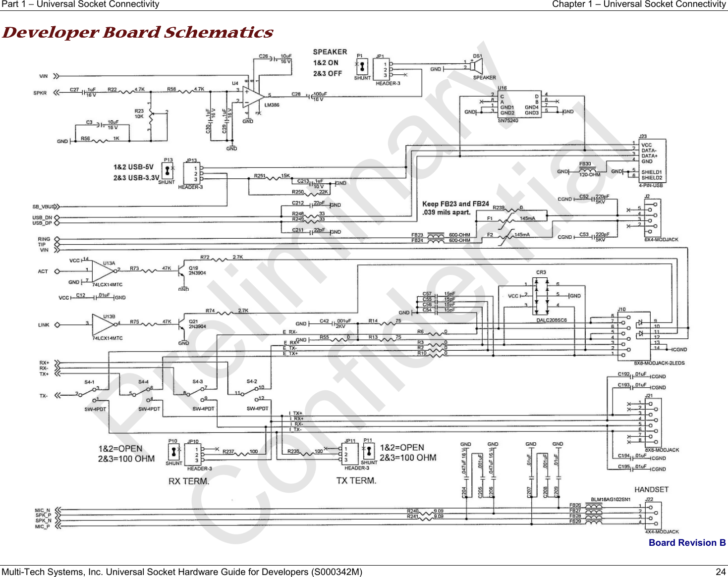 Part 1 − Universal Socket Connectivity  Chapter 1 – Universal Socket Connectivity Multi-Tech Systems, Inc. Universal Socket Hardware Guide for Developers (S000342M)  24  Developer Board Schematics  Board Revision B  Preliminary  Confidential