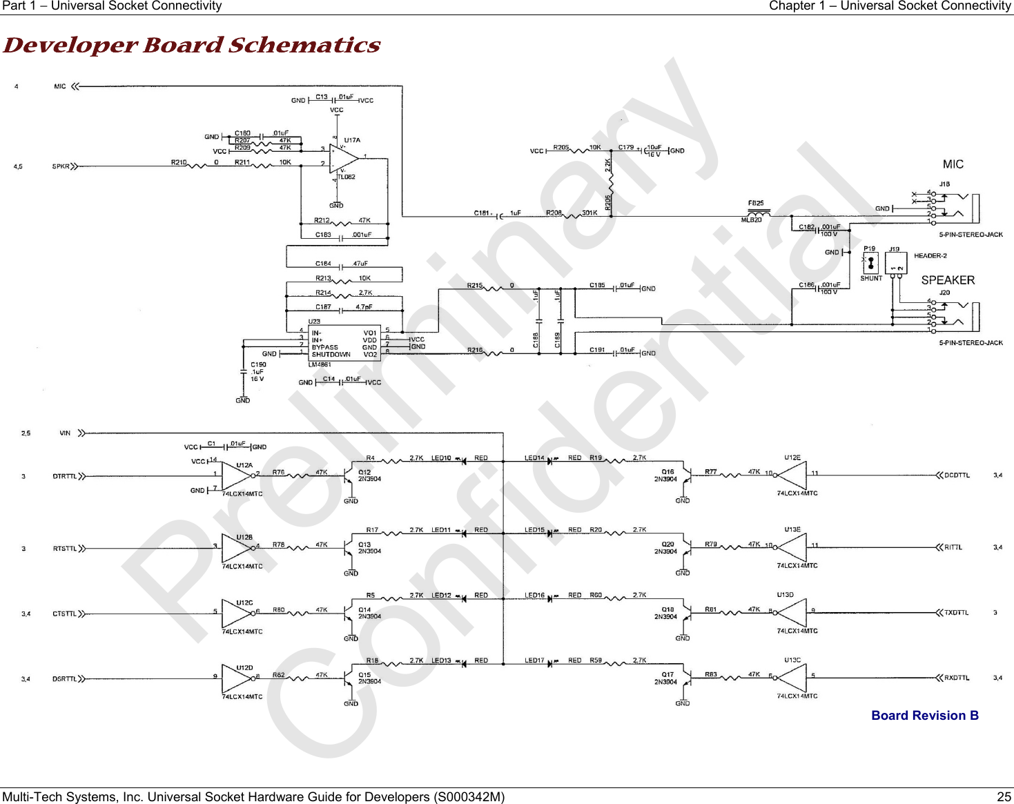 Part 1 − Universal Socket Connectivity  Chapter 1 – Universal Socket Connectivity Multi-Tech Systems, Inc. Universal Socket Hardware Guide for Developers (S000342M)  25  Developer Board Schematics   Board Revision B   Preliminary  Confidential
