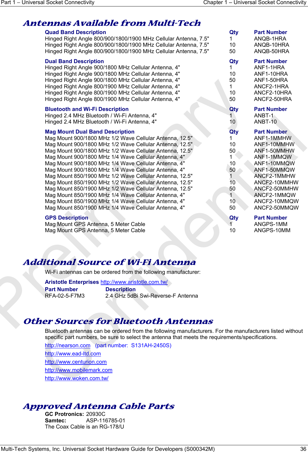 Part 1 − Universal Socket Connectivity  Chapter 1 – Universal Socket Connectivity Multi-Tech Systems, Inc. Universal Socket Hardware Guide for Developers (S000342M)  36   Antennas Available from Multi-Tech Quad Band Description  Qty  Part Number Hinged Right Angle 800/900/1800/1900 MHz Cellular Antenna, 7.5&quot;    1  ANQB-1HRA   Hinged Right Angle 800/900/1800/1900 MHz Cellular Antenna, 7.5&quot;  10  ANQB-10HRA Hinged Right Angle 800/900/1800/1900 MHz Cellular Antenna, 7.5&quot;  50  ANQB-50HRA Dual Band Description  Qty  Part Number Hinged Right Angle 900/1800 MHz Cellular Antenna, 4&quot;    1  ANF1-1HRA   Hinged Right Angle 900/1800 MHz Cellular Antenna, 4&quot;    10  ANF1-10HRA   Hinged Right Angle 900/1800 MHz Cellular Antenna, 4&quot;    50  ANF1-50HRA   Hinged Right Angle 800/1900 MHz Cellular Antenna, 4&quot;    1  ANCF2-1HRA Hinged Right Angle 800/1900 MHz Cellular Antenna, 4&quot;    10  ANCF2-10HRA Hinged Right Angle 800/1900 MHz Cellular Antenna, 4&quot;    50  ANCF2-50HRA Bluetooth and Wi-Fi Description  Qty  Part Number Hinged 2.4 MHz Bluetooth / Wi-Fi Antenna, 4&quot;  1  ANBT-1 Hinged 2.4 MHz Bluetooth / Wi-Fi Antenna, 4&quot;  10  ANBT-10 Mag Mount Dual Band Description  Qty  Part Number Mag Mount 900/1800 MHz 1/2 Wave Cellular Antenna, 12.5&quot;  1  ANF1-1MMHW Mag Mount 900/1800 MHz 1/2 Wave Cellular Antenna, 12.5&quot;  10  ANF1-10MMHW Mag Mount 900/1800 MHz 1/2 Wave Cellular Antenna, 12.5&quot;  50  ANF1-50MMHW Mag Mount 900/1800 MHz 1/4 Wave Cellular Antenna, 4&quot;  1  ANF1-1MMQW Mag Mount 900/1800 MHz 1/4 Wave Cellular Antenna, 4&quot;  10  ANF1-10MMQW Mag Mount 900/1800 MHz 1/4 Wave Cellular Antenna, 4&quot;  50  ANF1-50MMQW Mag Mount 850/1900 MHz 1/2 Wave Cellular Antenna, 12.5&quot;  1  ANCF2-1MMHW Mag Mount 850/1900 MHz 1/2 Wave Cellular Antenna, 12.5&quot;  10  ANCF2-10MMHW Mag Mount 850/1900 MHz 1/2 Wave Cellular Antenna, 12.5&quot;  50  ANCF2-50MMHW Mag Mount 850/1900 MHz 1/4 Wave Cellular Antenna, 4&quot;  1  ANCF2-1MMQW Mag Mount 850/1900 MHz 1/4 Wave Cellular Antenna, 4&quot;  10  ANCF2-10MMQW Mag Mount 850/1900 MHz 1/4 Wave Cellular Antenna, 4&quot;  50  ANCF2-50MMQW GPS Description  Qty  Part Number Mag Mount GPS Antenna, 5 Meter Cable  1  ANGPS-1MM Mag Mount GPS Antenna, 5 Meter Cable  10  ANGPS-10MM    Additional Source of Wi-Fi Antenna  Wi-Fi antennas can be ordered from the following manufacturer:  Aristotle Enterprises http://www.aristotle.com.tw/ Part Number  Description RFA-02-5-F7M3  2.4 GHz 5dBi Swi-Reverse-F Antenna   Other Sources for Bluetooth Antennas Bluetooth antennas can be ordered from the following manufacturers. For the manufacturers listed without specific part numbers, be sure to select the antenna that meets the requirements/specifications.  http://nearson.com   (part number:  S131AH-2450S)  http://www.ead-ltd.com http://www.centurion.com http://www.mobilemark.com http://www.woken.com.tw/    Approved Antenna Cable Parts GC Protronics: 20930C Samtec: ASP-116785-01 The Coax Cable is an RG-178/U   Preliminary  Confidential