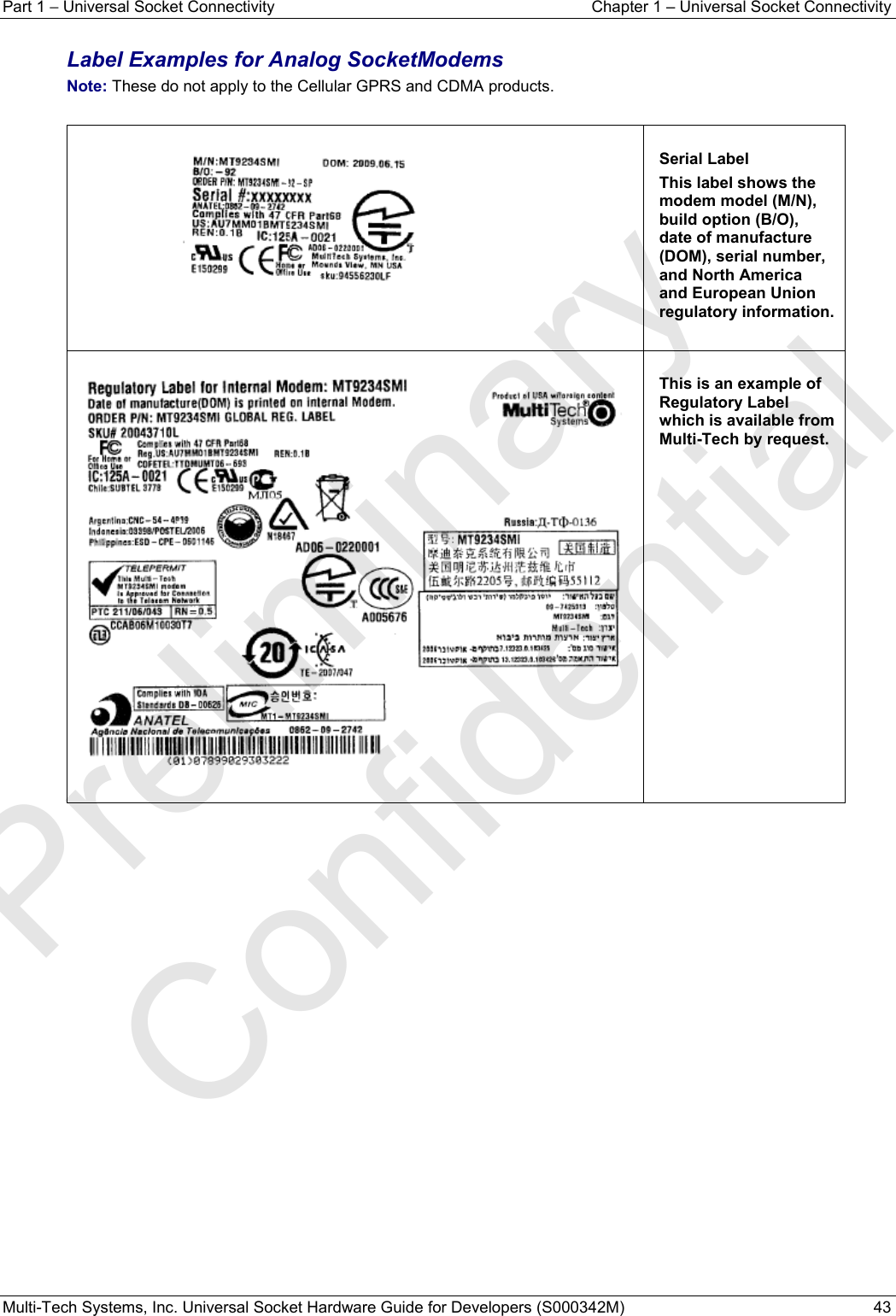 Part 1 − Universal Socket Connectivity  Chapter 1 – Universal Socket Connectivity Multi-Tech Systems, Inc. Universal Socket Hardware Guide for Developers (S000342M)  43  Label Examples for Analog SocketModems  Note: These do not apply to the Cellular GPRS and CDMA products.    Serial Label This label shows the modem model (M/N), build option (B/O), date of manufacture (DOM), serial number, and North America and European Union regulatory information.   This is an example of Regulatory Label which is available from Multi-Tech by request.      Preliminary  Confidential