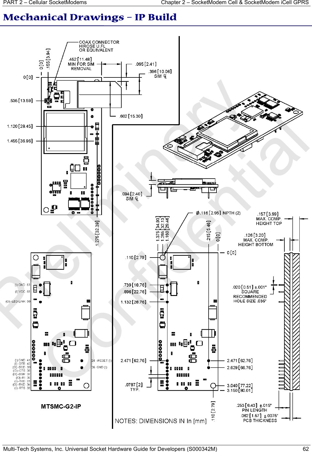 PART 2 – Cellular SocketModems   Chapter 2 – SocketModem Cell &amp; SocketModem iCell GPRS Multi-Tech Systems, Inc. Universal Socket Hardware Guide for Developers (S000342M)  62  Mechanical Drawings – IP Build Preliminary  Confidential