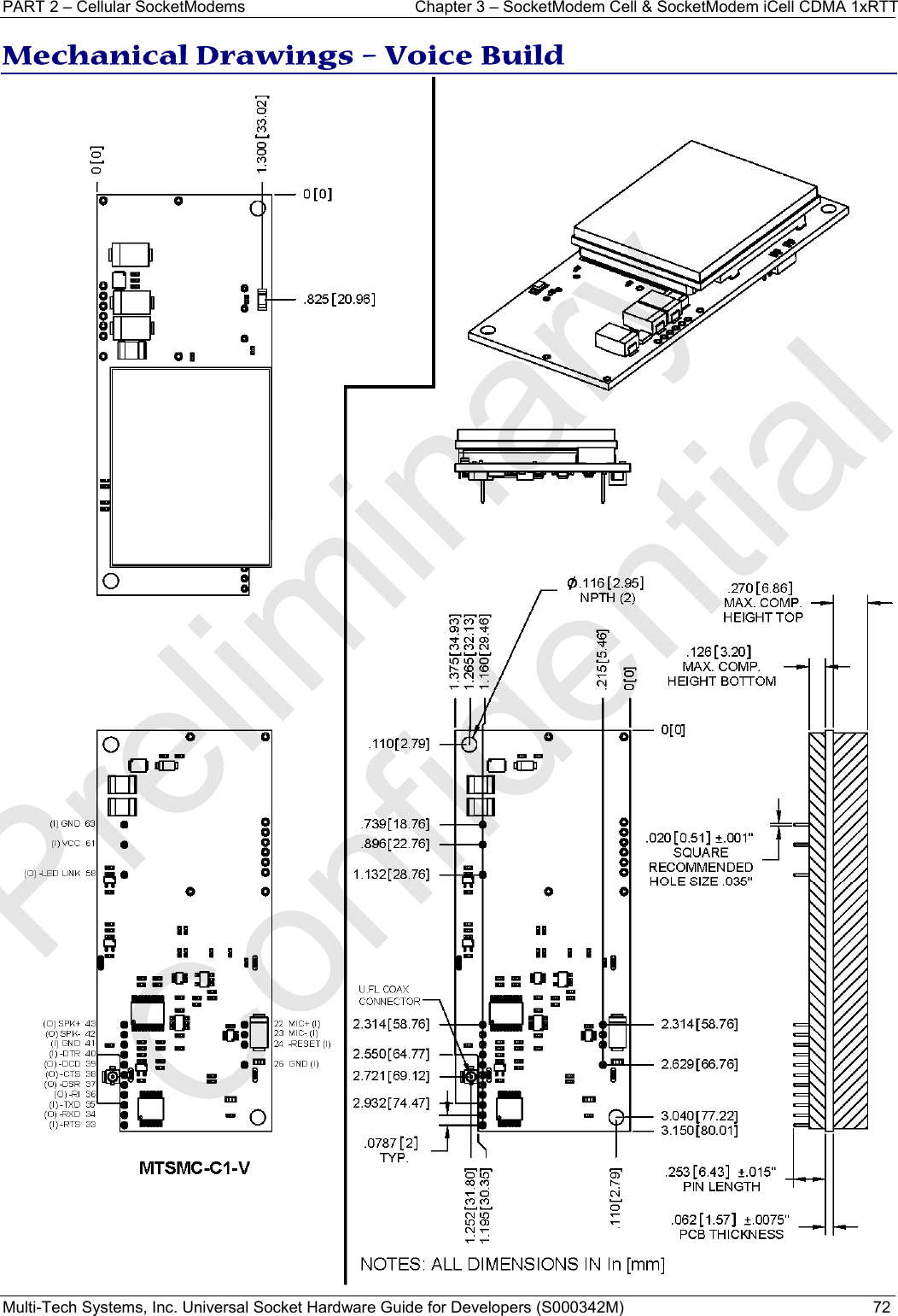 PART 2 – Cellular SocketModems  Chapter 3 – SocketModem Cell &amp; SocketModem iCell CDMA 1xRTT  Multi-Tech Systems, Inc. Universal Socket Hardware Guide for Developers (S000342M)  72  Mechanical Drawings – Voice Build   Preliminary  Confidential