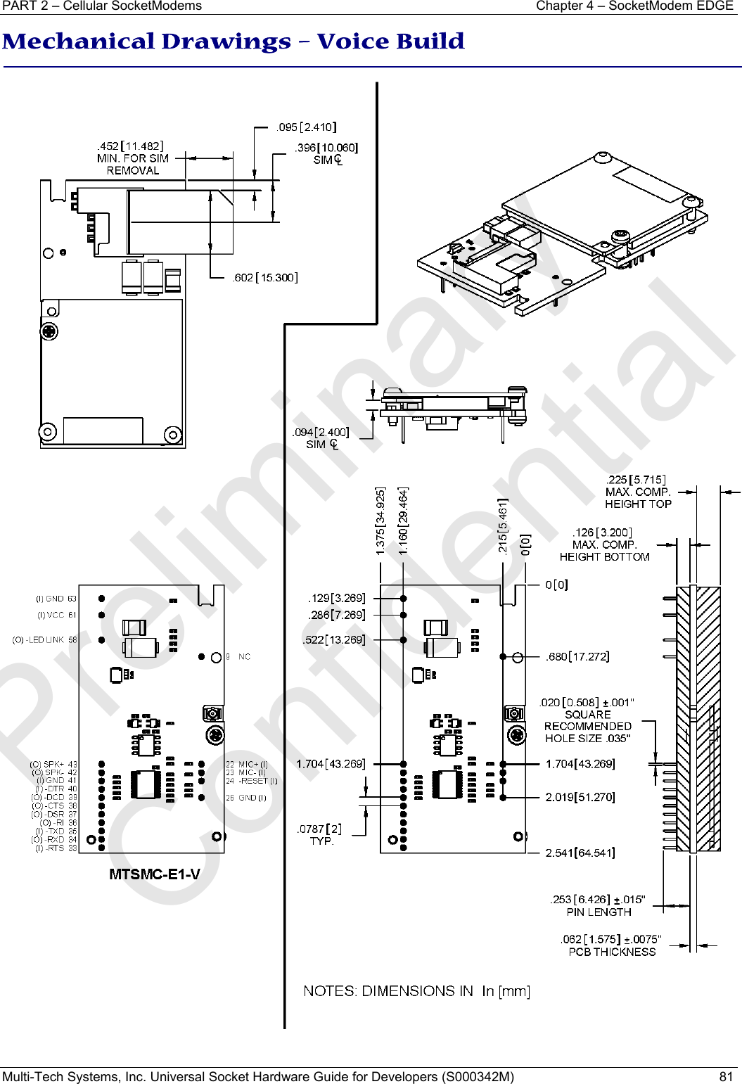 PART 2 – Cellular SocketModems  Chapter 4 – SocketModem EDGE Multi-Tech Systems, Inc. Universal Socket Hardware Guide for Developers (S000342M)  81  Mechanical Drawings – Voice Build Preliminary  Confidential