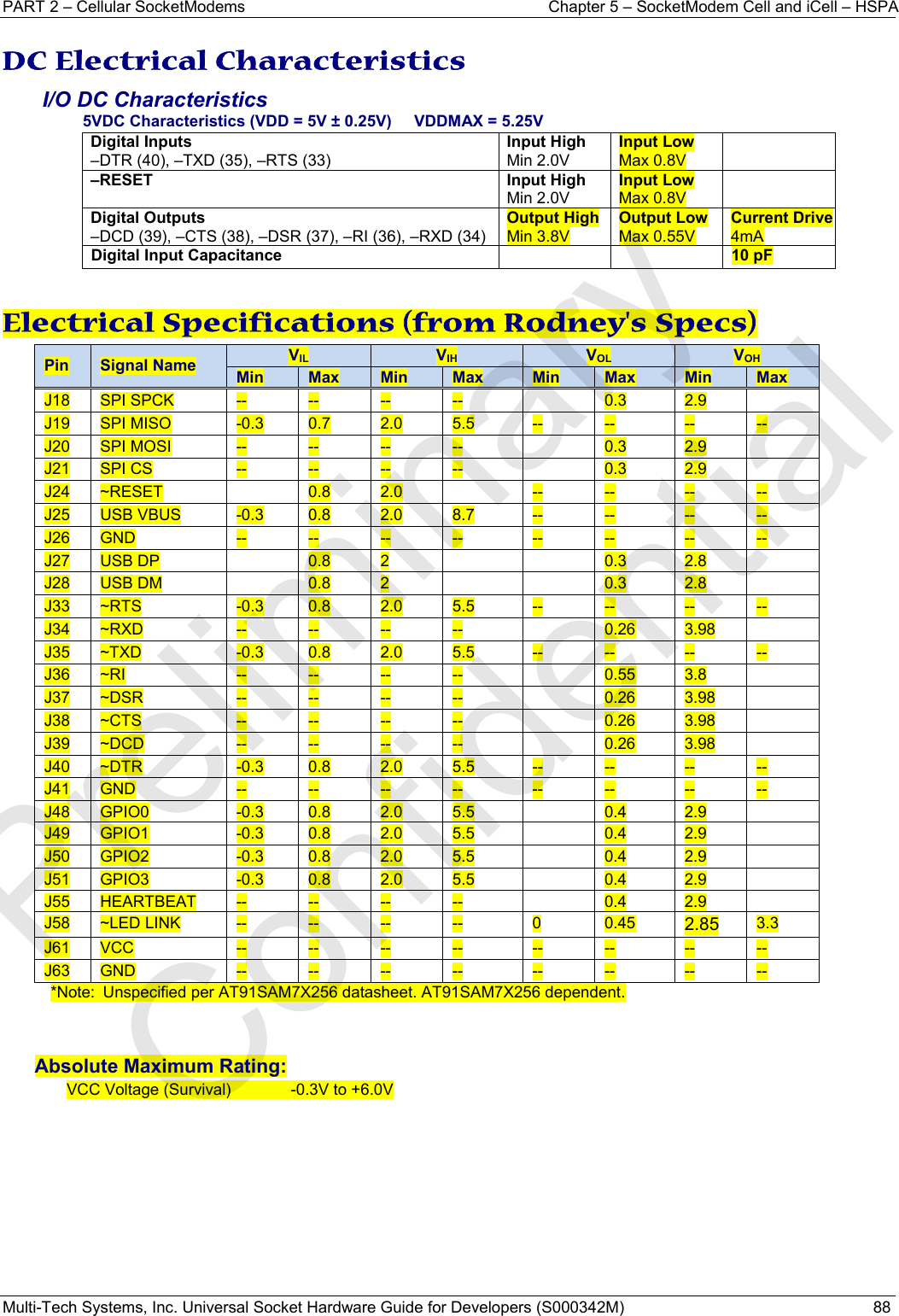 PART 2 – Cellular SocketModems  Chapter 5 – SocketModem Cell and iCell – HSPA Multi-Tech Systems, Inc. Universal Socket Hardware Guide for Developers (S000342M)  88  DC Electrical Characteristics I/O DC Characteristics 5VDC Characteristics (VDD = 5V ± 0.25V)     VDDMAX = 5.25V   Digital Inputs –DTR (40), –TXD (35), –RTS (33) Input HighMin 2.0VInput Low Max 0.8V  –RESET   Input HighMin 2.0V Input Low Max 0.8V  Digital Outputs –DCD (39), –CTS (38), –DSR (37), –RI (36), –RXD (34)Output HighMin 3.8VOutput Low Max 0.55V Current Drive 4mADigital Input Capacitance    10 pF   Electrical Specifications (from Rodney&apos;s Specs) Pin  Signal Name  VIL  VIH  VOL  VOH Min  Max  Min  Max  Min  Max  Min  Max J18  SPI SPCK  --  --  --  --   0.3  2.9  J19  SPI MISO  -0.3  0.7  2.0  5.5  --  --  --  -- J20  SPI MOSI  --  --  --  --   0.3  2.9  J21  SPI CS  --  --  --  --   0.3  2.9  J24  ~RESET  0.8  2.0   --  --  --  -- J25  USB VBUS  -0.3  0.8  2.0  8.7  --  --  --  -- J26  GND  --  --  --  --  --  --  --  -- J27  USB DP    0.8  2     0.3  2.8  J28  USB DM    0.8  2     0.3  2.8  J33  ~RTS  -0.3  0.8  2.0  5.5  --  --  --  -- J34  ~RXD  --  --  --  --   0.26  3.98  J35  ~TXD  -0.3  0.8  2.0  5.5  --  --  --  -- J36  ~RI  --  --  --  --   0.55  3.8  J37  ~DSR  --  --  --  --   0.26  3.98  J38  ~CTS  --  --  --  --   0.26  3.98  J39  ~DCD  --  --  --  --   0.26  3.98  J40  ~DTR  -0.3  0.8  2.0  5.5  --  --  --  -- J41  GND  --  --  --  --  --  --  --  -- J48  GPIO0  -0.3  0.8  2.0  5.5   0.4  2.9  J49  GPIO1  -0.3  0.8  2.0  5.5   0.4  2.9  J50  GPIO2  -0.3  0.8  2.0  5.5   0.4  2.9  J51  GPIO3  -0.3  0.8  2.0  5.5   0.4  2.9  J55  HEARTBEAT  --  --  --  --   0.4  2.9  J58  ~LED LINK  --  --  --  --  0  0.45  2.85  3.3 J61  VCC  --  --  --  --  --  --  --  -- J63  GND  --  --  --  --  --  --  --  -- *Note:  Unspecified per AT91SAM7X256 datasheet. AT91SAM7X256 dependent.   Absolute Maximum Rating: VCC Voltage (Survival)    -0.3V to +6.0V    Preliminary  Confidential