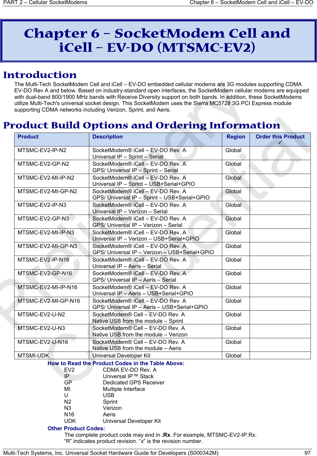 PART 2 – Cellular SocketModems  Chapter 6 – SocketModem Cell and iCell – EV-DO Multi-Tech Systems, Inc. Universal Socket Hardware Guide for Developers (S000342M)  97   Chapter 6 – SocketModem Cell and  iCell – EV-DO (MTSMC-EV2) Introduction The Multi-Tech SocketModem Cell and iCell – EV-DO embedded cellular modems are 3G modules supporting CDMA EV-DO Rev A and below. Based on industry-standard open interfaces, the SocketModem cellular modems are equipped with dual-band 800/1900 MHz bands with Receive Diversity support on both bands. In addition, these SocketModems utilize Multi-Tech&apos;s universal socket design. This SocketModem uses the Sierra MC5728 3G PCI Express module supporting CDMA networks including Verizon, Sprint, and Aeris.  Product Build Options and Ordering Information Product  Description  Region  Order this Product 3 MTSMC-EV2-IP-N2  SocketModem® iCell – EV-DO Rev. A Universal IP – Sprint – Serial  Global   MTSMC-EV2-GP-N2  SocketModem® iCell – EV-DO Rev. A GPS/ Universal IP – Sprint – Serial Global   MTSMC-EV2-MI-IP-N2  SocketModem® iCell – EV-DO Rev. A Universal IP – Sprint – USB+Serial+GPIO Global   MTSMC-EV2-MI-GP-N2  SocketModem® iCell – EV-DO Rev. A GPS/ Universal IP – Sprint – USB+Serial+GPIO Global   MTSMC-EV2-IP-N3  SocketModem® iCell – EV-DO Rev. A Universal IP – Verizon – Serial Global   MTSMC-EV2-GP-N3  SocketModem® iCell – EV-DO Rev. A GPS/ Universal IP – Verizon – Serial Global   MTSMC-EV2-MI-IP-N3  SocketModem® iCell – EV-DO Rev. A Universal IP – Verizon – USB+Serial+GPIO Global   MTSMC-EV2-MI-GP-N3  SocketModem® iCell – EV-DO Rev. A GPS/ Universal IP – Verizon – USB+Serial+GPIO Global   MTSMC-EV2-IP-N16  SocketModem® iCell – EV-DO Rev. A Universal IP – Aeris – Serial Global   MTSMC-EV2-GP-N16  SocketModem® iCell – EV-DO Rev. A GPS/ Universal IP – Aeris – Serial Global   MTSMC-EV2-MI-IP-N16  SocketModem® iCell – EV-DO Rev. A Universal IP – Aeris – USB+Serial+GPIO Global   MTSMC-EV2-MI-GP-N16  SocketModem® iCell – EV-DO Rev. A GPS/ Universal IP – Aeris – USB+Serial+GPIO Global   MTSMC-EV2-U-N2  SocketModem® Cell – EV-DO Rev. A Native USB from the module – Sprint  Global   MTSMC-EV2-U-N3  SocketModem® Cell – EV-DO Rev. A Native USB from the module – Verizon Global   MTSMC-EV2-U-N16  SocketModem® Cell – EV-DO Rev. A Native USB from the module – Aeris Global   MTSMI-UDK  Universal Developer Kit  Global   How to Read the Product Codes in the Table Above: EV2  CDMA EV-DO Rev. A IP  Universal IP™ Stack GP  Dedicated GPS Receiver MI Multiple Interface U USB N2 Sprint N3 Verizon N16 Aeris UDK  Universal Developer Kit Other Product Codes: The complete product code may end in .Rx. For example, MTSMC-EV2-IP.Rx.  “R” indicates product revision. “x” is the revision number. Preliminary  Confidential