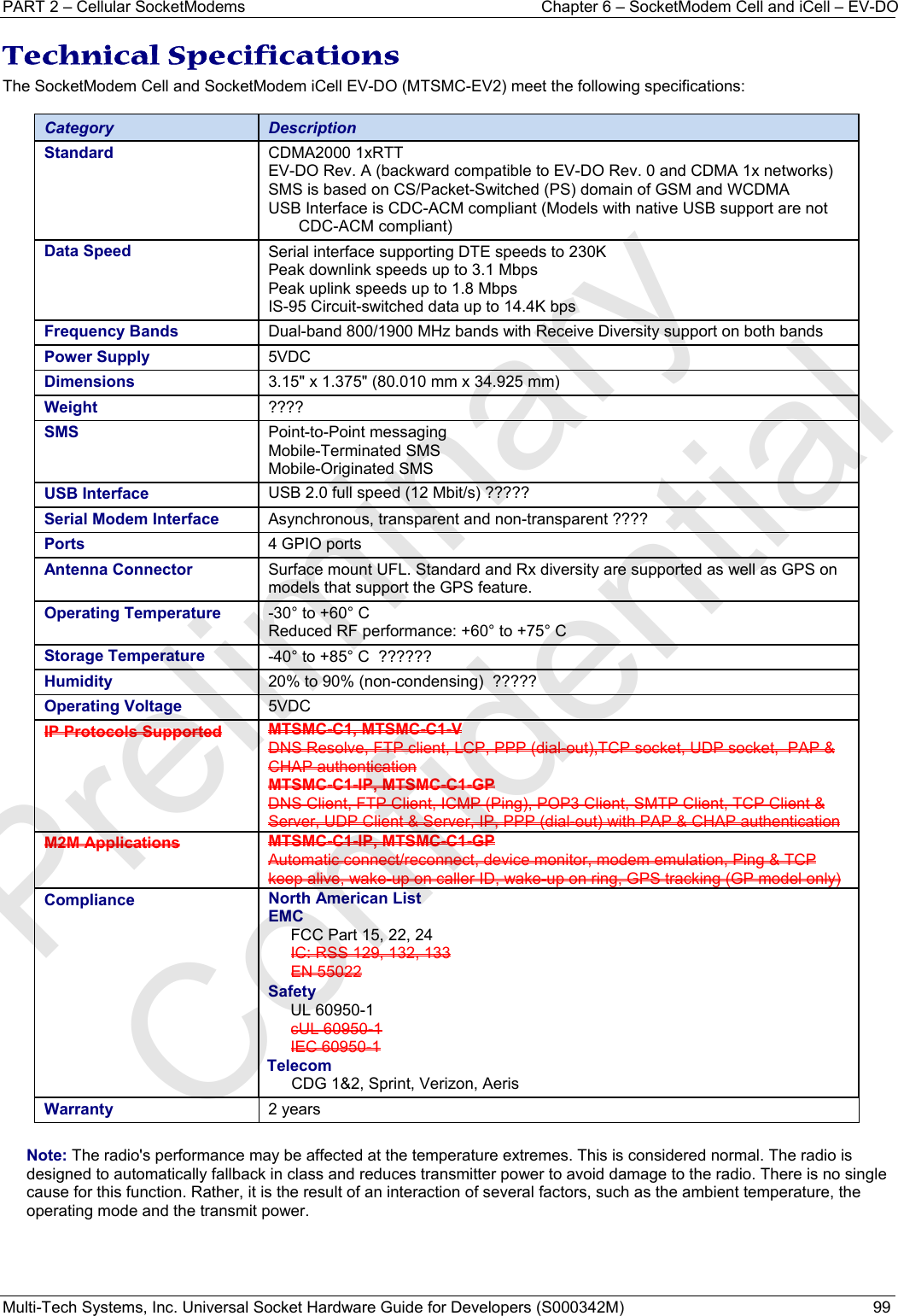 PART 2 – Cellular SocketModems  Chapter 6 – SocketModem Cell and iCell – EV-DO Multi-Tech Systems, Inc. Universal Socket Hardware Guide for Developers (S000342M)  99  Technical Specifications The SocketModem Cell and SocketModem iCell EV-DO (MTSMC-EV2) meet the following specifications:   Category  Description Standard  CDMA2000 1xRTT EV-DO Rev. A (backward compatible to EV-DO Rev. 0 and CDMA 1x networks) SMS is based on CS/Packet-Switched (PS) domain of GSM and WCDMA USB Interface is CDC-ACM compliant (Models with native USB support are not CDC-ACM compliant) Data Speed  Serial interface supporting DTE speeds to 230K Peak downlink speeds up to 3.1 Mbps  Peak uplink speeds up to 1.8 Mbps IS-95 Circuit-switched data up to 14.4K bps Frequency Bands  Dual-band 800/1900 MHz bands with Receive Diversity support on both bands Power Supply  5VDC Dimensions  3.15&quot; x 1.375&quot; (80.010 mm x 34.925 mm)   Weight  ???? SMS  Point-to-Point messaging Mobile-Terminated SMS Mobile-Originated SMS USB Interface  USB 2.0 full speed (12 Mbit/s) ????? Serial Modem Interface  Asynchronous, transparent and non-transparent ????  Ports  4 GPIO ports Antenna Connector  Surface mount UFL. Standard and Rx diversity are supported as well as GPS on models that support the GPS feature. Operating Temperature  -30° to +60° C   Reduced RF performance: +60° to +75° C Storage Temperature  -40° to +85° C  ??????   Humidity  20% to 90% (non-condensing)  ????? Operating Voltage  5VDC IP Protocols Supported MTSMC-C1, MTSMC-C1-VDNS Resolve, FTP client, LCP, PPP (dial-out),TCP socket, UDP socket,  PAP &amp; CHAP authentication MTSMC-C1-IP, MTSMC-C1-GP DNS Client, FTP Client, ICMP (Ping), POP3 Client, SMTP Client, TCP Client &amp; Server, UDP Client &amp; Server, IP, PPP (dial-out) with PAP &amp; CHAP authenticationM2M Applications MTSMC-C1-IP, MTSMC-C1-GPAutomatic connect/reconnect, device monitor, modem emulation, Ping &amp; TCP keep alive, wake-up on caller ID, wake-up on ring, GPS tracking (GP model only) Compliance  North American ListEMC FCC Part 15, 22, 24 IC: RSS 129, 132, 133 EN 55022  Safety UL 60950-1 cUL 60950-1 IEC 60950-1 Telecom CDG 1&amp;2, Sprint, Verizon, Aeris Warranty  2 years   Note: The radio&apos;s performance may be affected at the temperature extremes. This is considered normal. The radio is designed to automatically fallback in class and reduces transmitter power to avoid damage to the radio. There is no single cause for this function. Rather, it is the result of an interaction of several factors, such as the ambient temperature, the operating mode and the transmit power.   Preliminary  Confidential