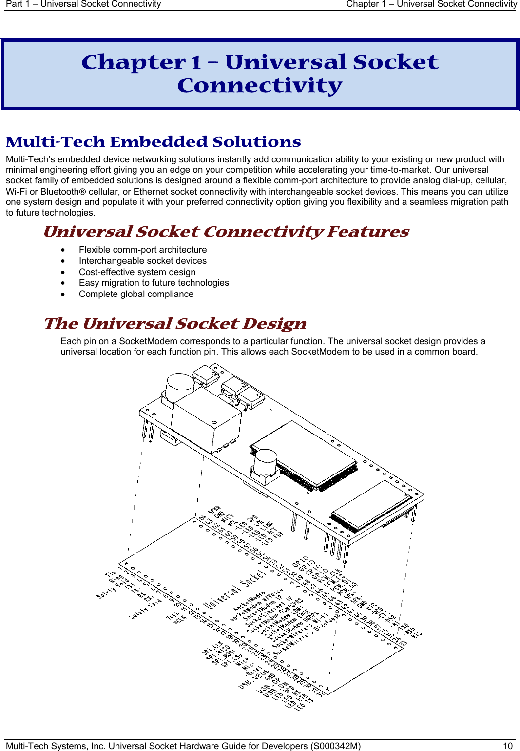 Part 1 − Universal Socket Connectivity  Chapter 1 – Universal Socket Connectivity Multi-Tech Systems, Inc. Universal Socket Hardware Guide for Developers (S000342M)  10   Chapter 1 – Universal Socket Connectivity  Multi-Tech Embedded Solutions Multi-Tech’s embedded device networking solutions instantly add communication ability to your existing or new product with minimal engineering effort giving you an edge on your competition while accelerating your time-to-market. Our universal socket family of embedded solutions is designed around a flexible comm-port architecture to provide analog dial-up, cellular, Wi-Fi or Bluetooth® cellular, or Ethernet socket connectivity with interchangeable socket devices. This means you can utilize one system design and populate it with your preferred connectivity option giving you flexibility and a seamless migration path to future technologies.  Universal Socket Connectivity Features •  Flexible comm-port architecture  •  Interchangeable socket devices • Cost-effective system design •  Easy migration to future technologies •  Complete global compliance  The Universal Socket Design  Each pin on a SocketModem corresponds to a particular function. The universal socket design provides a universal location for each function pin. This allows each SocketModem to be used in a common board.   