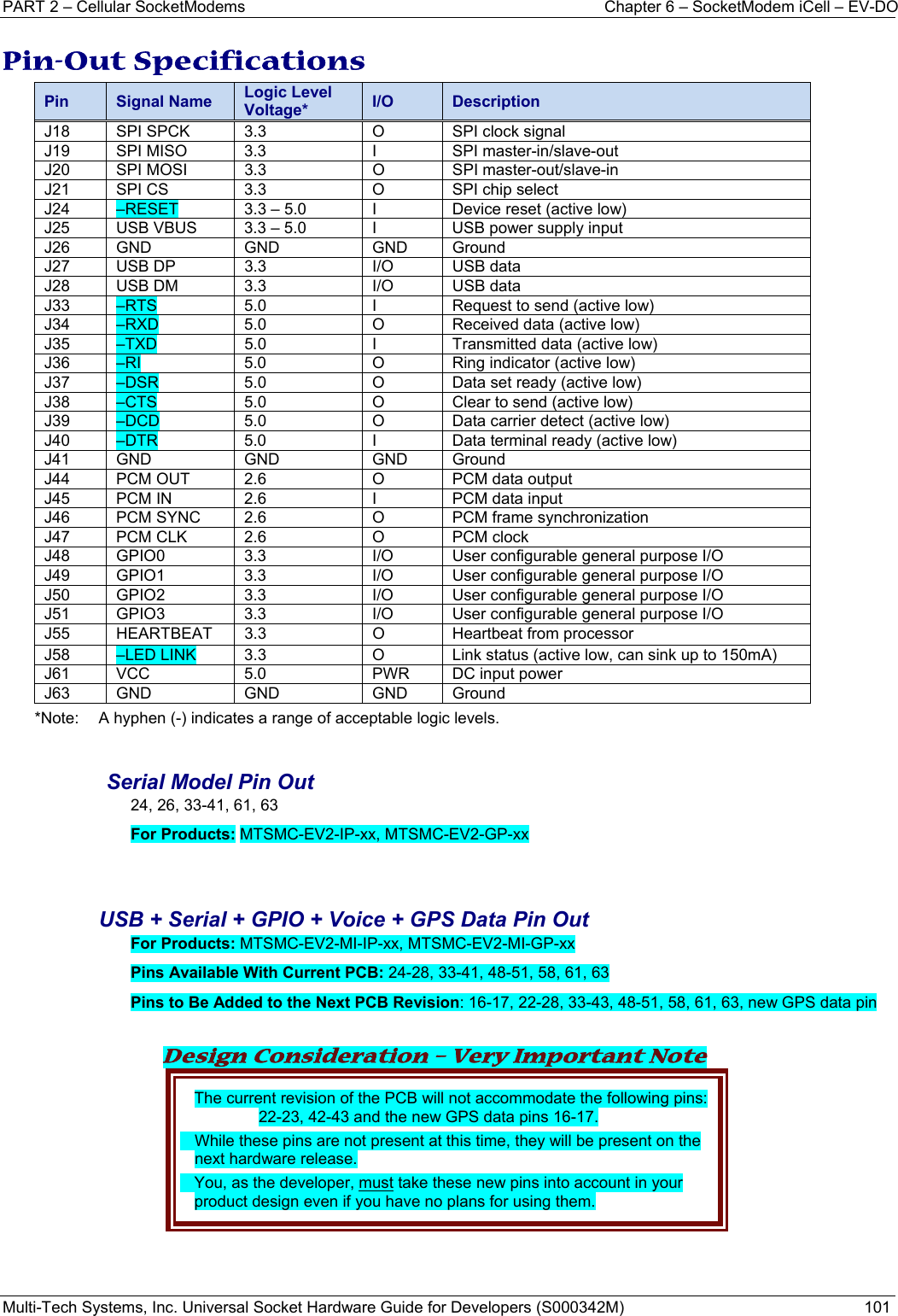 PART 2 – Cellular SocketModems  Chapter 6 – SocketModem iCell – EV-DO Multi-Tech Systems, Inc. Universal Socket Hardware Guide for Developers (S000342M)  101  Pin-Out Specifications  Pin  Signal Name  Logic Level Voltage*  I/O  Description J18  SPI SPCK  3.3  O  SPI clock signal J19  SPI MISO  3.3  I  SPI master-in/slave-out J20 SPI MOSI  3.3  O  SPI master-out/slave-in J21  SPI CS  3.3  O  SPI chip select J24  –RESET  3.3 – 5.0  I  Device reset (active low) J25  USB VBUS  3.3 – 5.0  I  USB power supply input J26 GND GND GND Ground J27  USB DP  3.3  I/O  USB data J28  USB DM  3.3  I/O  USB data J33  –RTS  5.0  I  Request to send (active low) J34  –RXD  5.0  O  Received data (active low) J35  –TXD  5.0  I  Transmitted data (active low) J36  –RI  5.0  O  Ring indicator (active low) J37  –DSR  5.0  O  Data set ready (active low) J38  –CTS  5.0  O  Clear to send (active low) J39  –DCD  5.0  O  Data carrier detect (active low) J40  –DTR  5.0  I  Data terminal ready (active low) J41 GND GND GND Ground J44  PCM OUT  2.6  O  PCM data output J45  PCM IN  2.6  I  PCM data input J46  PCM SYNC  2.6  O  PCM frame synchronization J47  PCM CLK  2.6  O  PCM clock J48 GPIO0  3.3  I/O  User configurable general purpose I/O J49 GPIO1  3.3  I/O  User configurable general purpose I/O J50 GPIO2  3.3  I/O  User configurable general purpose I/O J51 GPIO3  3.3  I/O  User configurable general purpose I/O J55  HEARTBEAT  3.3  O  Heartbeat from processor J58  –LED LINK  3.3  O  Link status (active low, can sink up to 150mA) J61  VCC  5.0  PWR  DC input power J63 GND GND GND Ground *Note:  A hyphen (-) indicates a range of acceptable logic levels.   Serial Model Pin Out 24, 26, 33-41, 61, 63 For Products: MTSMC-EV2-IP-xx, MTSMC-EV2-GP-xx   USB + Serial + GPIO + Voice + GPS Data Pin Out For Products: MTSMC-EV2-MI-IP-xx, MTSMC-EV2-MI-GP-xx  Pins Available With Current PCB: 24-28, 33-41, 48-51, 58, 61, 63 Pins to Be Added to the Next PCB Revision: 16-17, 22-28, 33-43, 48-51, 58, 61, 63, new GPS data pin  Design Consideration – Very Important Note The current revision of the PCB will not accommodate the following pins:  22-23, 42-43 and the new GPS data pins 16-17.    While these pins are not present at this time, they will be present on the next hardware release.    You, as the developer, must take these new pins into account in your product design even if you have no plans for using them.     