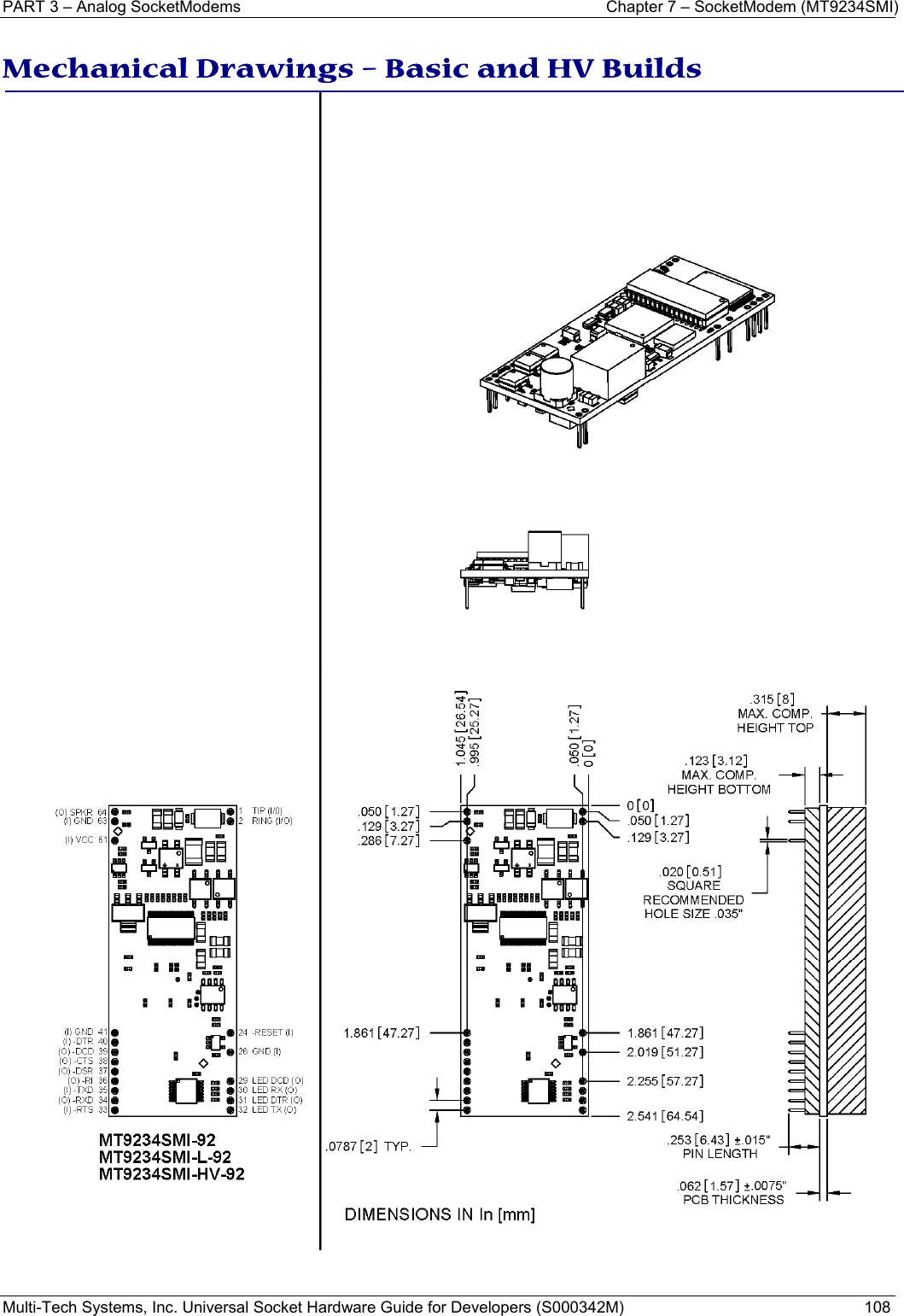 PART 3 – Analog SocketModems  Chapter 7 – SocketModem (MT9234SMI) Multi-Tech Systems, Inc. Universal Socket Hardware Guide for Developers (S000342M)  108   Mechanical Drawings – Basic and HV Builds   