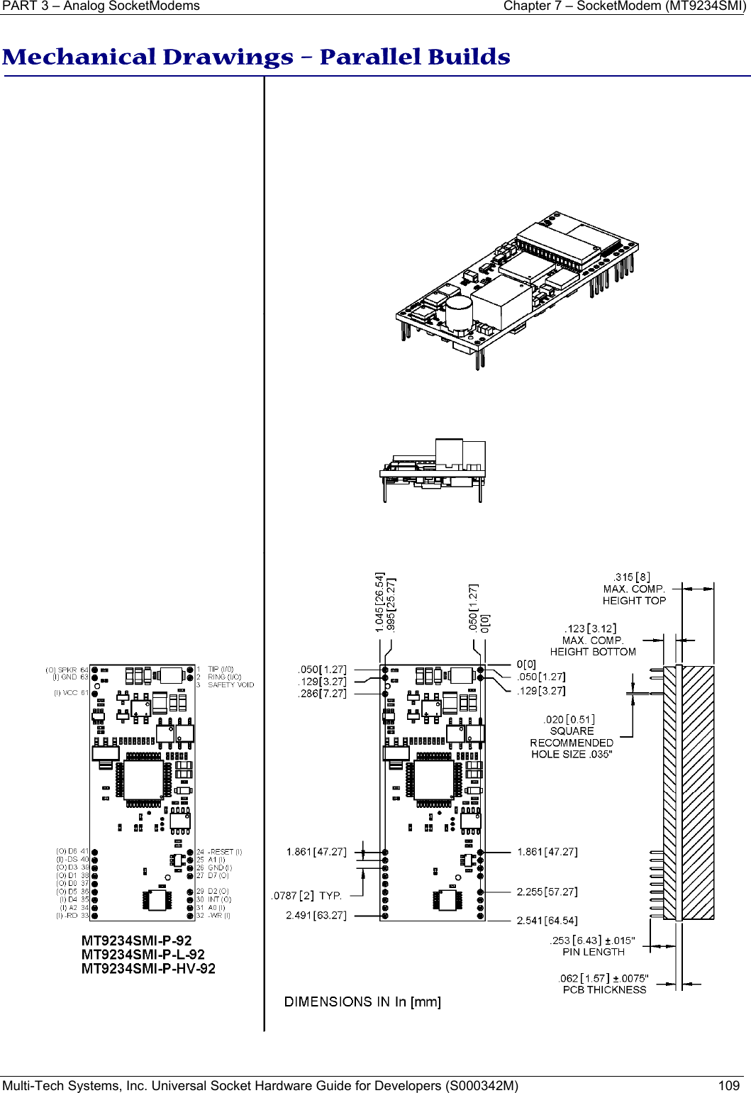 PART 3 – Analog SocketModems  Chapter 7 – SocketModem (MT9234SMI) Multi-Tech Systems, Inc. Universal Socket Hardware Guide for Developers (S000342M)  109   Mechanical Drawings – Parallel Builds     