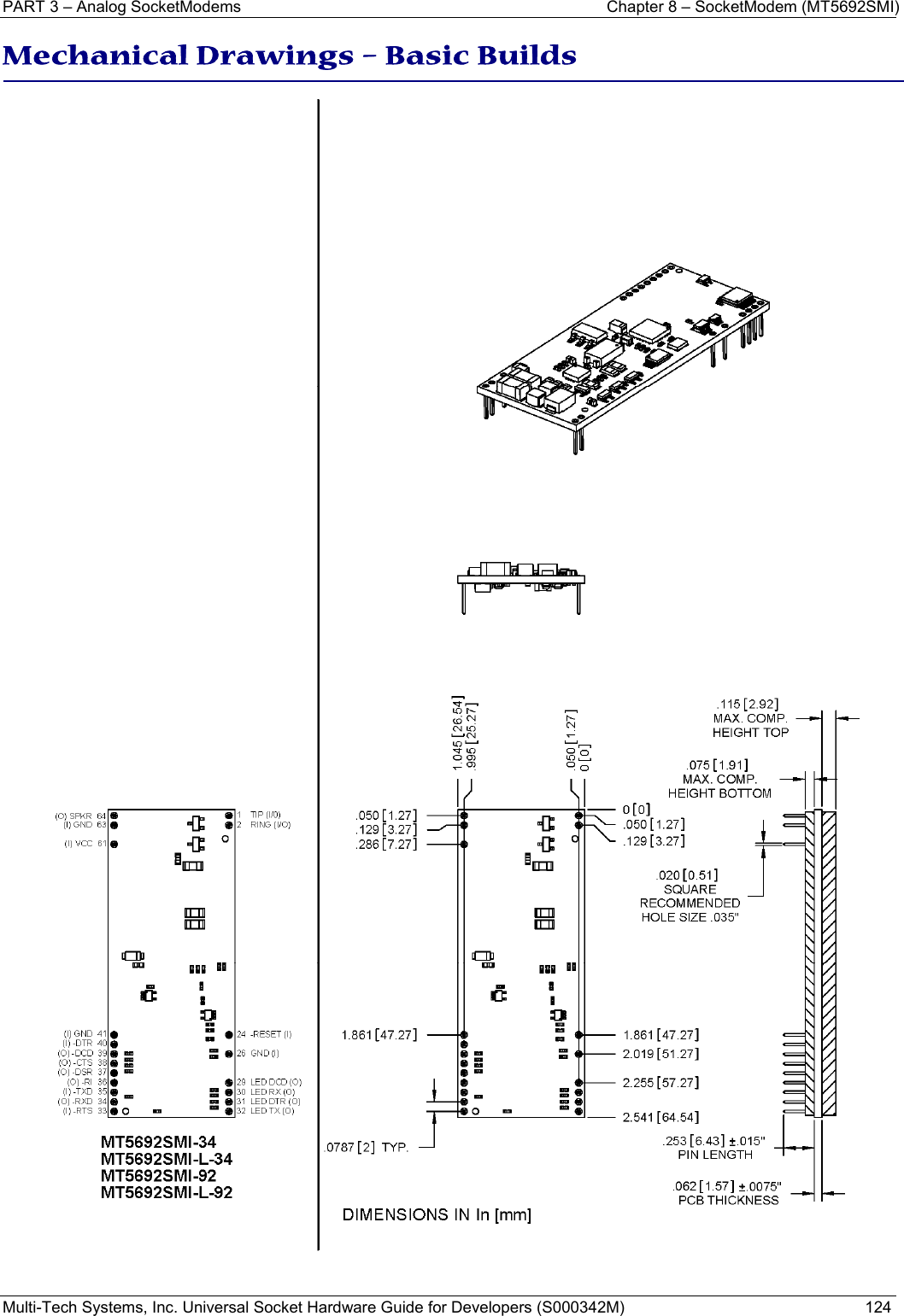 PART 3 – Analog SocketModems    Chapter 8 – SocketModem (MT5692SMI) Multi-Tech Systems, Inc. Universal Socket Hardware Guide for Developers (S000342M)  124  Mechanical Drawings – Basic Builds     