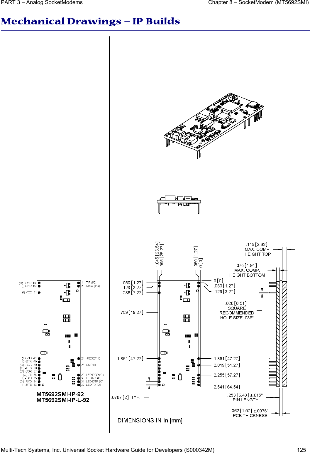 PART 3 – Analog SocketModems    Chapter 8 – SocketModem (MT5692SMI) Multi-Tech Systems, Inc. Universal Socket Hardware Guide for Developers (S000342M)  125  Mechanical Drawings − IP Builds     