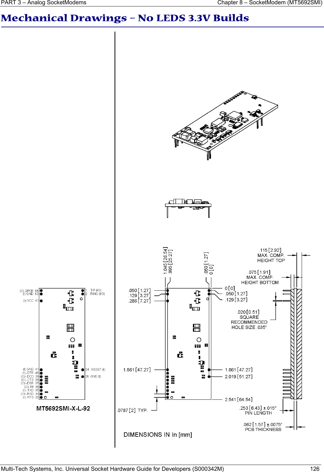 PART 3 – Analog SocketModems    Chapter 8 – SocketModem (MT5692SMI) Multi-Tech Systems, Inc. Universal Socket Hardware Guide for Developers (S000342M)  126  Mechanical Drawings – No LEDS 3.3V Builds    