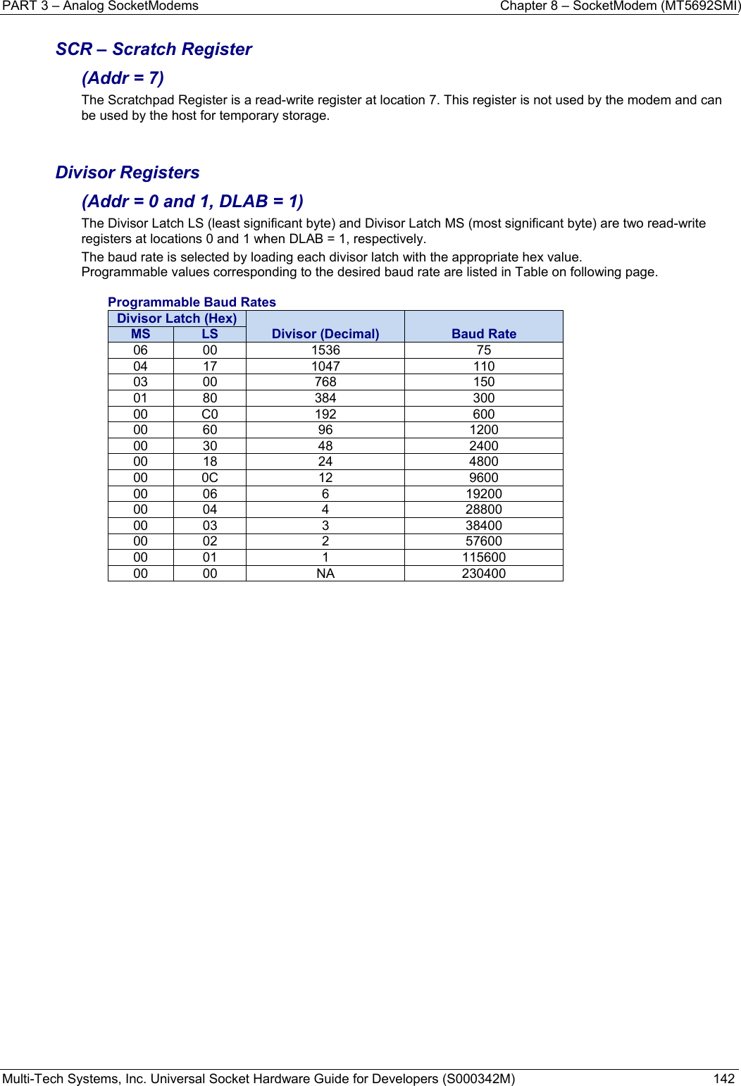 PART 3 – Analog SocketModems    Chapter 8 – SocketModem (MT5692SMI) Multi-Tech Systems, Inc. Universal Socket Hardware Guide for Developers (S000342M)  142  SCR – Scratch Register  (Addr = 7) The Scratchpad Register is a read-write register at location 7. This register is not used by the modem and can be used by the host for temporary storage.   Divisor Registers  (Addr = 0 and 1, DLAB = 1) The Divisor Latch LS (least significant byte) and Divisor Latch MS (most significant byte) are two read-write registers at locations 0 and 1 when DLAB = 1, respectively. The baud rate is selected by loading each divisor latch with the appropriate hex value. Programmable values corresponding to the desired baud rate are listed in Table on following page.  Programmable Baud Rates Divisor Latch (Hex) Divisor (Decimal)  Baud Rate MS  LS 06 00  1536  75 04 17  1047  110 03 00  768  150 01 80  384  300 00 C0  192  600 00 60  96  1200 00 30  48  2400 00 18  24  4800 00 0C  12  9600 00 06  6  19200 00 04  4  28800 00 03  3  38400 00 02  2  57600 00 01  1  115600 00 00  NA  230400      