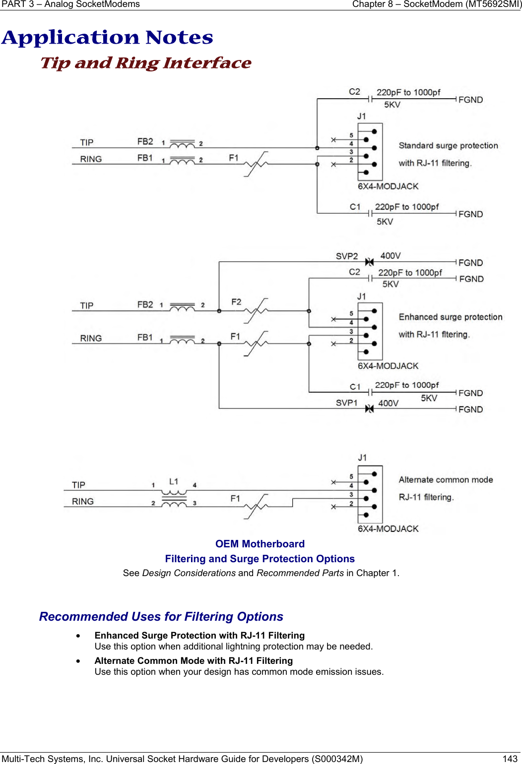 PART 3 – Analog SocketModems    Chapter 8 – SocketModem (MT5692SMI) Multi-Tech Systems, Inc. Universal Socket Hardware Guide for Developers (S000342M)  143  Application Notes Tip and Ring Interface   OEM Motherboard Filtering and Surge Protection Options            See Design Considerations and Recommended Parts in Chapter 1.   Recommended Uses for Filtering Options  • Enhanced Surge Protection with RJ-11 Filtering Use this option when additional lightning protection may be needed. • Alternate Common Mode with RJ-11 Filtering Use this option when your design has common mode emission issues.   