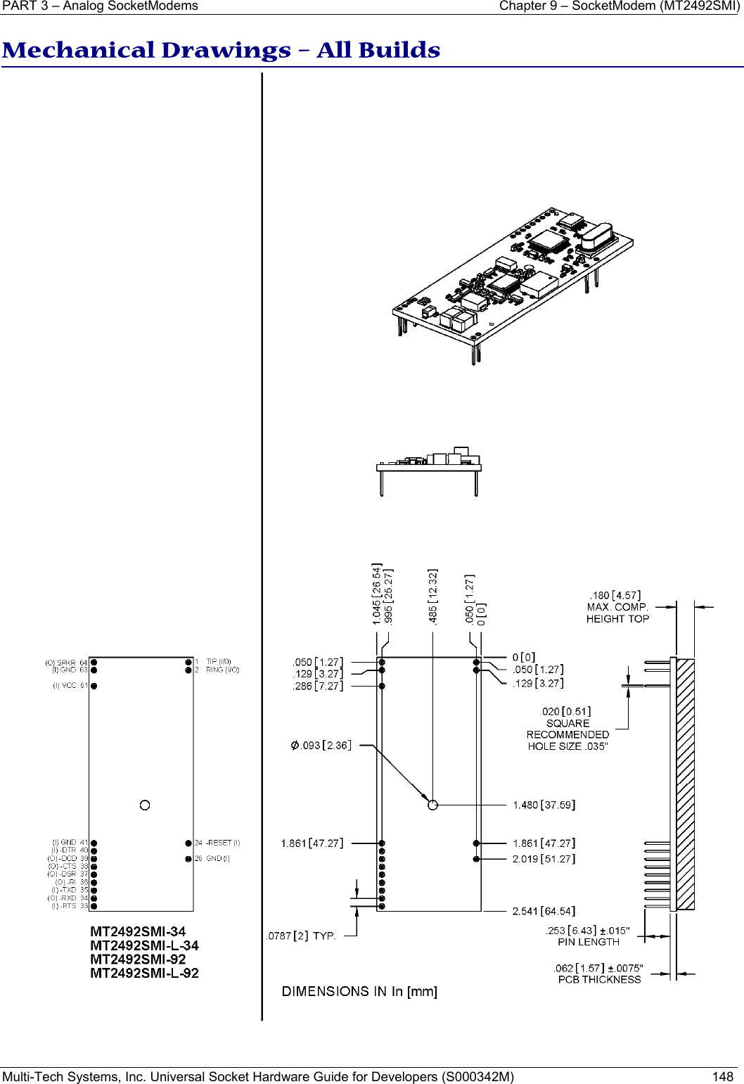 PART 3 – Analog SocketModems     Chapter 9 – SocketModem (MT2492SMI) Multi-Tech Systems, Inc. Universal Socket Hardware Guide for Developers (S000342M)  148  Mechanical Drawings – All Builds    