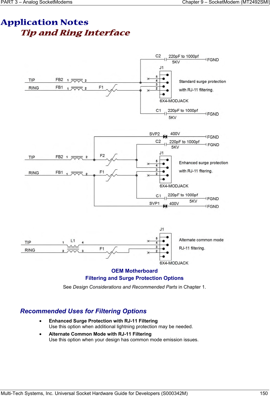 PART 3 – Analog SocketModems     Chapter 9 – SocketModem (MT2492SMI) Multi-Tech Systems, Inc. Universal Socket Hardware Guide for Developers (S000342M)  150   Application Notes Tip and Ring Interface    OEM Motherboard Filtering and Surge Protection Options See Design Considerations and Recommended Parts in Chapter 1.   Recommended Uses for Filtering Options • Enhanced Surge Protection with RJ-11 Filtering Use this option when additional lightning protection may be needed. • Alternate Common Mode with RJ-11 Filtering Use this option when your design has common mode emission issues.    