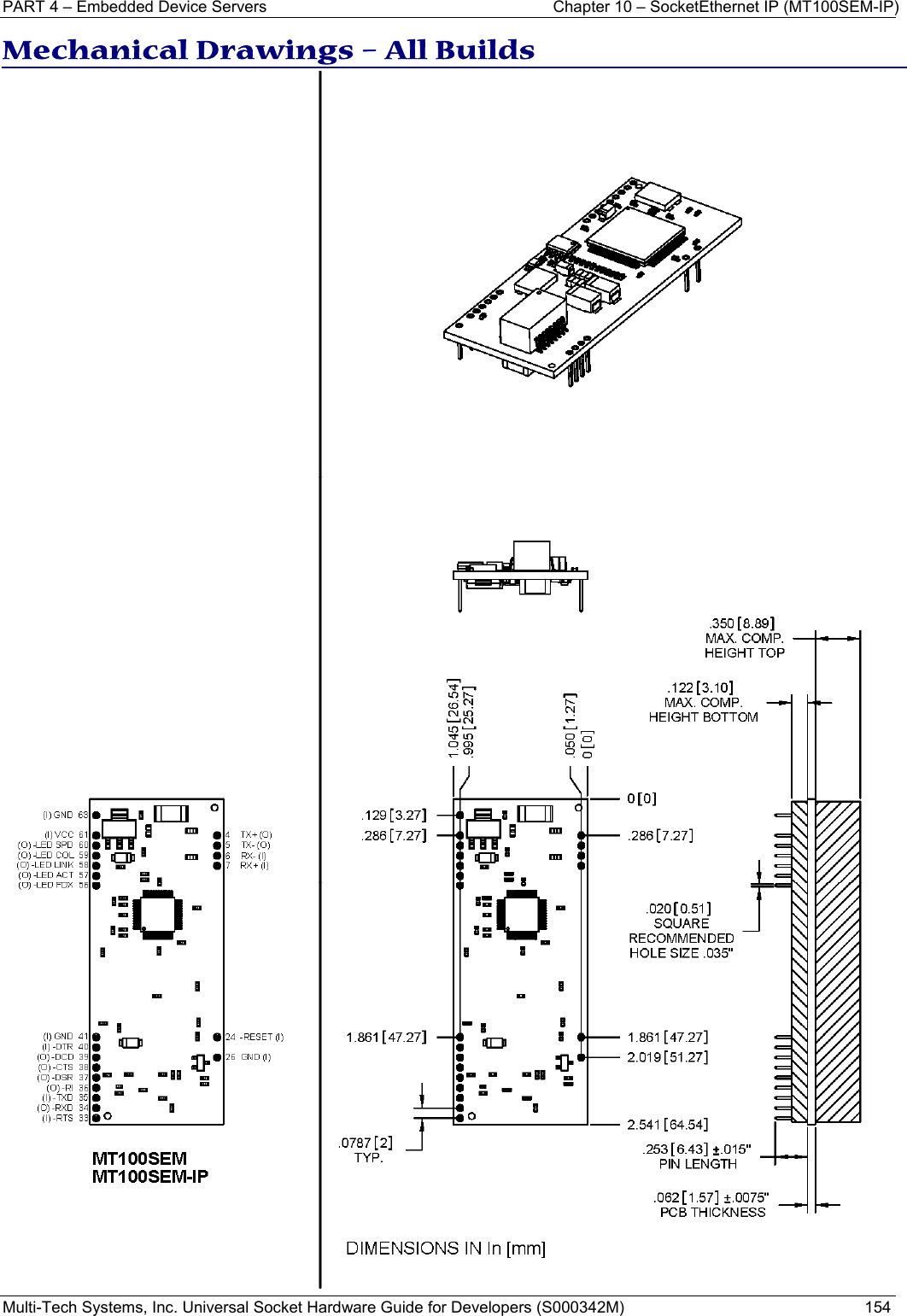 PART 4 – Embedded Device Servers  Chapter 10 – SocketEthernet IP (MT100SEM-IP)  Multi-Tech Systems, Inc. Universal Socket Hardware Guide for Developers (S000342M)  154  Mechanical Drawings – All Builds  