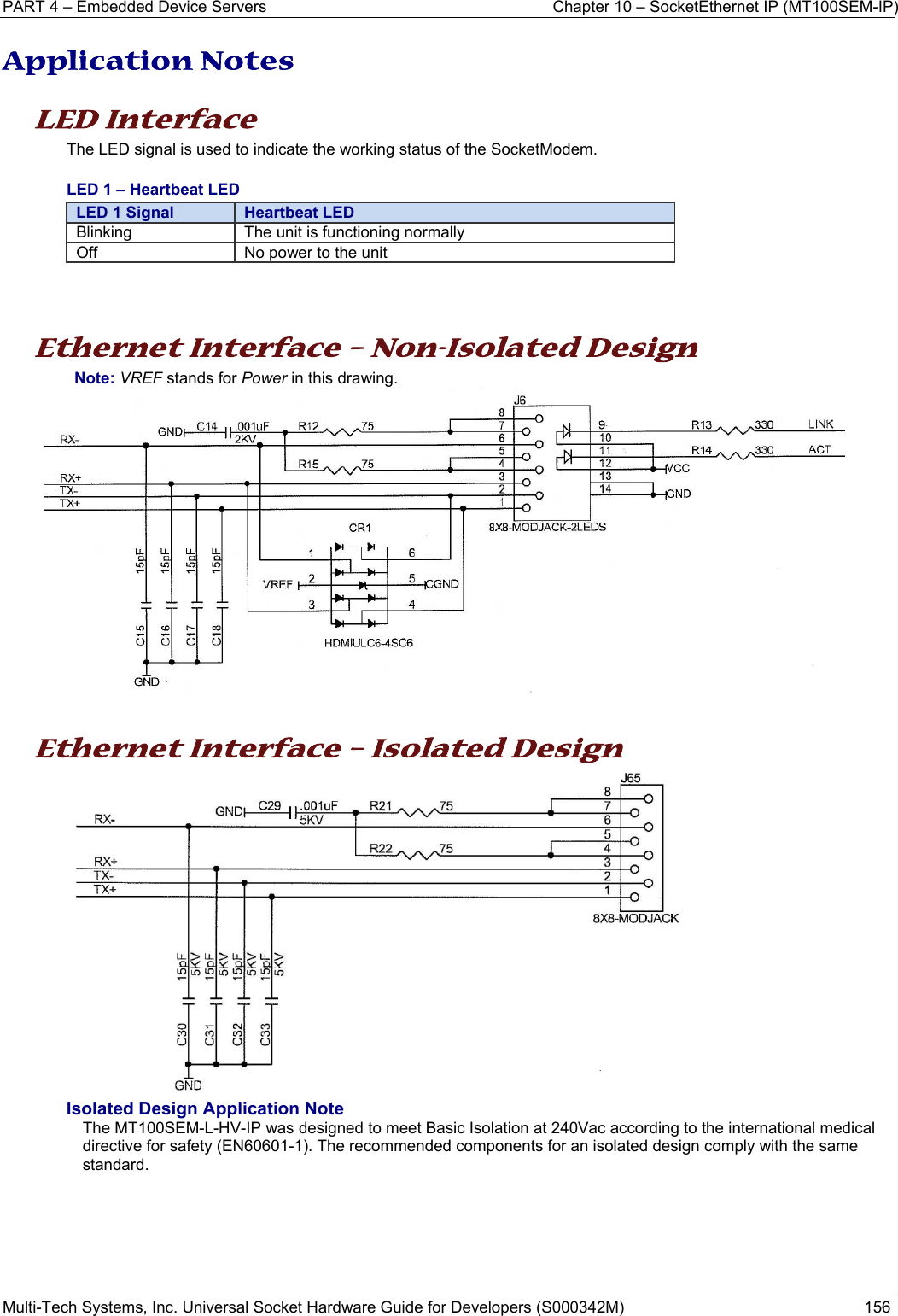 PART 4 – Embedded Device Servers  Chapter 10 – SocketEthernet IP (MT100SEM-IP)  Multi-Tech Systems, Inc. Universal Socket Hardware Guide for Developers (S000342M)  156  Application Notes  LED Interface  The LED signal is used to indicate the working status of the SocketModem.  LED 1 – Heartbeat LED LED 1 Signal  Heartbeat LEDBlinking  The unit is functioning normally Off  No power to the unit    Ethernet Interface – Non-Isolated Design Note: VREF stands for Power in this drawing.    Ethernet Interface – Isolated Design  Isolated Design Application Note The MT100SEM-L-HV-IP was designed to meet Basic Isolation at 240Vac according to the international medical directive for safety (EN60601-1). The recommended components for an isolated design comply with the same standard.    