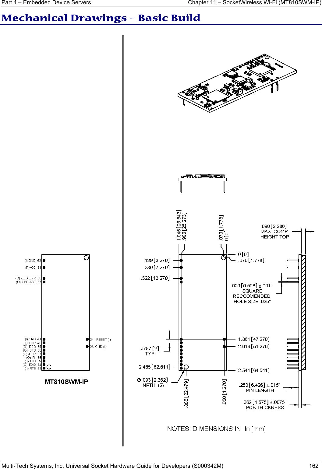 Part 4 – Embedded Device Servers  Chapter 11 – SocketWireless Wi-Fi (MT810SWM-IP) Multi-Tech Systems, Inc. Universal Socket Hardware Guide for Developers (S000342M)  162  Mechanical Drawings – Basic Build  