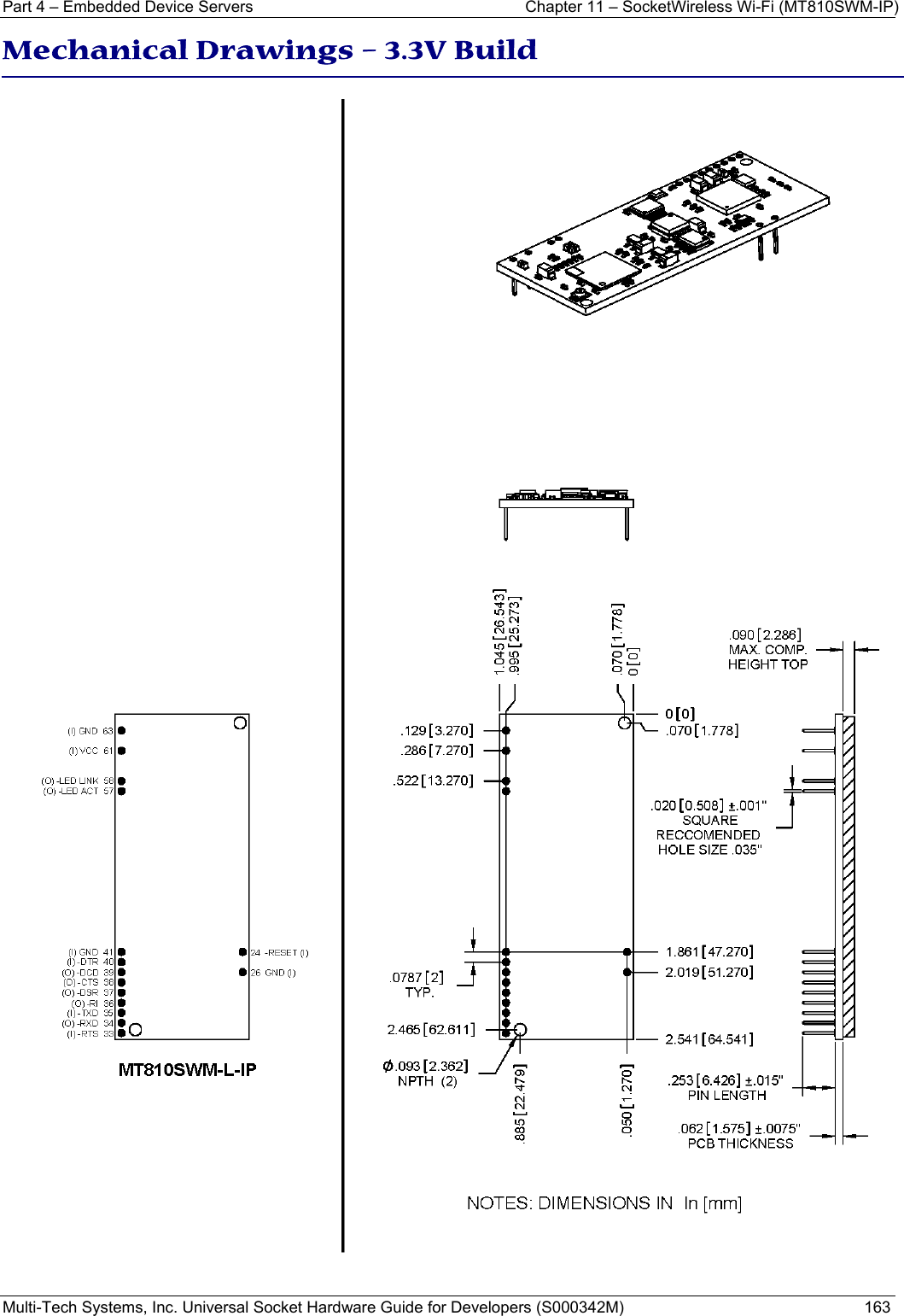 Part 4 – Embedded Device Servers  Chapter 11 – SocketWireless Wi-Fi (MT810SWM-IP) Multi-Tech Systems, Inc. Universal Socket Hardware Guide for Developers (S000342M)  163  Mechanical Drawings – 3.3V Build  