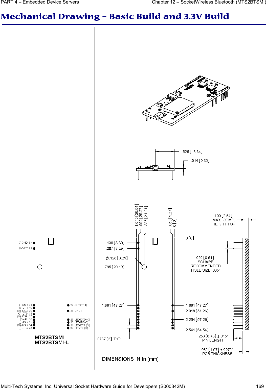 PART 4 – Embedded Device Servers  Chapter 12 – SocketWireless Bluetooth (MTS2BTSMI) Multi-Tech Systems, Inc. Universal Socket Hardware Guide for Developers (S000342M)  169   Mechanical Drawing – Basic Build and 3.3V Build     