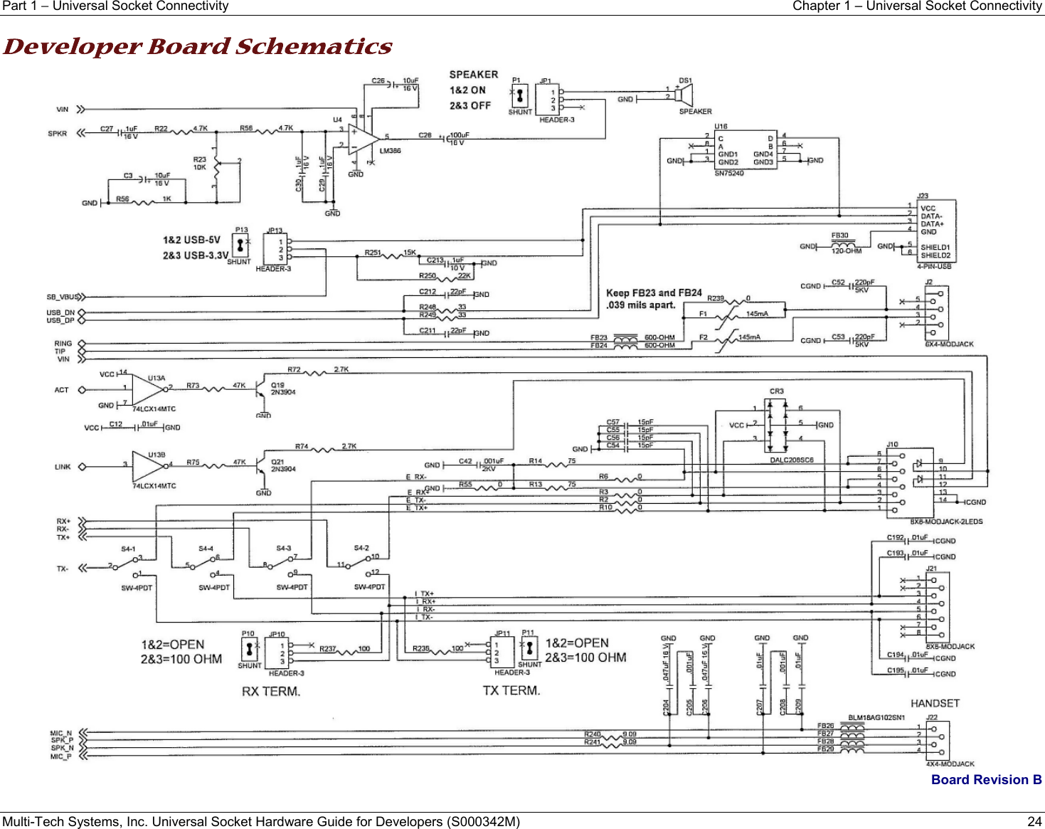 Part 1 − Universal Socket Connectivity  Chapter 1 – Universal Socket Connectivity Multi-Tech Systems, Inc. Universal Socket Hardware Guide for Developers (S000342M)  24  Developer Board Schematics  Board Revision B  