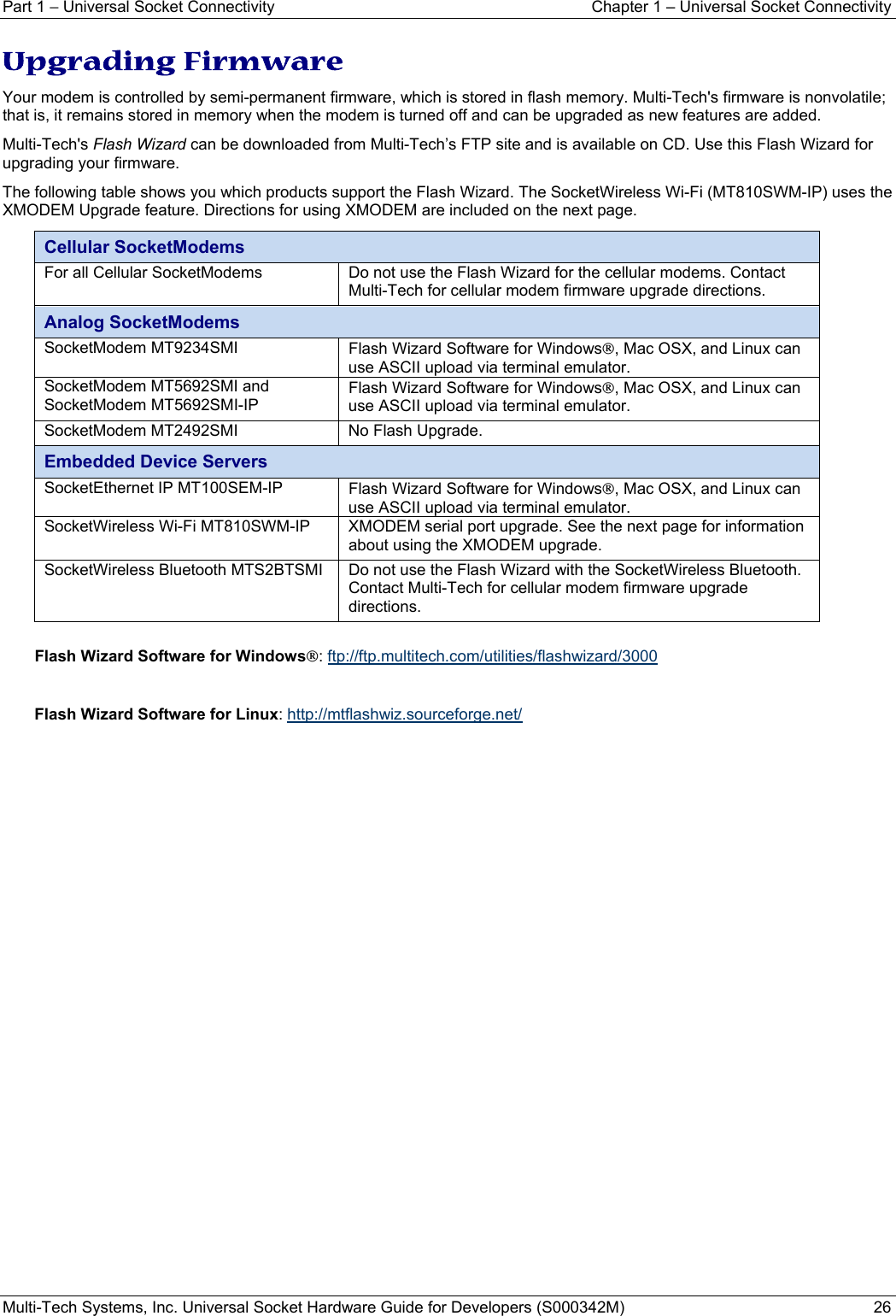 Part 1 − Universal Socket Connectivity  Chapter 1 – Universal Socket Connectivity Multi-Tech Systems, Inc. Universal Socket Hardware Guide for Developers (S000342M)  26  Upgrading Firmware Your modem is controlled by semi-permanent firmware, which is stored in flash memory. Multi-Tech&apos;s firmware is nonvolatile; that is, it remains stored in memory when the modem is turned off and can be upgraded as new features are added.  Multi-Tech&apos;s Flash Wizard can be downloaded from Multi-Tech’s FTP site and is available on CD. Use this Flash Wizard for upgrading your firmware.  The following table shows you which products support the Flash Wizard. The SocketWireless Wi-Fi (MT810SWM-IP) uses the XMODEM Upgrade feature. Directions for using XMODEM are included on the next page. Cellular SocketModems For all Cellular SocketModems  Do not use the Flash Wizard for the cellular modems. Contact Multi-Tech for cellular modem firmware upgrade directions. Analog SocketModems SocketModem MT9234SMI  Flash Wizard Software for Windows®, Mac OSX, and Linux can use ASCII upload via terminal emulator. SocketModem MT5692SMI and SocketModem MT5692SMI-IP Flash Wizard Software for Windows®, Mac OSX, and Linux can use ASCII upload via terminal emulator. SocketModem MT2492SMI   No Flash Upgrade. Embedded Device Servers SocketEthernet IP MT100SEM-IP  Flash Wizard Software for Windows®, Mac OSX, and Linux can use ASCII upload via terminal emulator. SocketWireless Wi-Fi MT810SWM-IP  XMODEM serial port upgrade. See the next page for information about using the XMODEM upgrade. SocketWireless Bluetooth MTS2BTSMI  Do not use the Flash Wizard with the SocketWireless Bluetooth. Contact Multi-Tech for cellular modem firmware upgrade directions.  Flash Wizard Software for Windows®: ftp://ftp.multitech.com/utilities/flashwizard/3000  Flash Wizard Software for Linux: http://mtflashwiz.sourceforge.net/ 