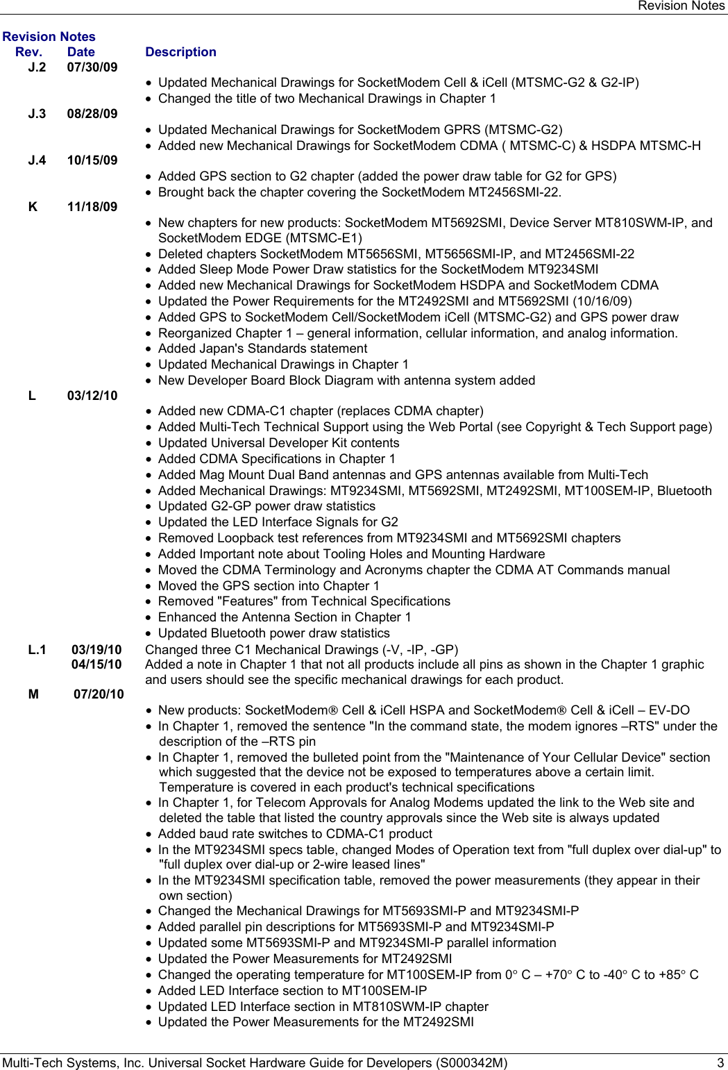 Revision Notes Multi-Tech Systems, Inc. Universal Socket Hardware Guide for Developers (S000342M)  3  Revision Notes Rev. Date  Description  J.2 07/30/09  •  Updated Mechanical Drawings for SocketModem Cell &amp; iCell (MTSMC-G2 &amp; G2-IP) •  Changed the title of two Mechanical Drawings in Chapter 1 J.3 08/28/09   •  Updated Mechanical Drawings for SocketModem GPRS (MTSMC-G2) •  Added new Mechanical Drawings for SocketModem CDMA ( MTSMC-C) &amp; HSDPA MTSMC-H J.4 10/15/09   •  Added GPS section to G2 chapter (added the power draw table for G2 for GPS) •  Brought back the chapter covering the SocketModem MT2456SMI-22.  K 11/18/09  •  New chapters for new products: SocketModem MT5692SMI, Device Server MT810SWM-IP, and SocketModem EDGE (MTSMC-E1) •  Deleted chapters SocketModem MT5656SMI, MT5656SMI-IP, and MT2456SMI-22  •  Added Sleep Mode Power Draw statistics for the SocketModem MT9234SMI  •  Added new Mechanical Drawings for SocketModem HSDPA and SocketModem CDMA •  Updated the Power Requirements for the MT2492SMI and MT5692SMI (10/16/09) •  Added GPS to SocketModem Cell/SocketModem iCell (MTSMC-G2) and GPS power draw •  Reorganized Chapter 1 – general information, cellular information, and analog information. •  Added Japan&apos;s Standards statement •  Updated Mechanical Drawings in Chapter 1 •  New Developer Board Block Diagram with antenna system added L 03/12/10   •  Added new CDMA-C1 chapter (replaces CDMA chapter)  •  Added Multi-Tech Technical Support using the Web Portal (see Copyright &amp; Tech Support page)  •  Updated Universal Developer Kit contents  •  Added CDMA Specifications in Chapter 1 •  Added Mag Mount Dual Band antennas and GPS antennas available from Multi-Tech  •  Added Mechanical Drawings: MT9234SMI, MT5692SMI, MT2492SMI, MT100SEM-IP, Bluetooth •  Updated G2-GP power draw statistics  •  Updated the LED Interface Signals for G2 •  Removed Loopback test references from MT9234SMI and MT5692SMI chapters •  Added Important note about Tooling Holes and Mounting Hardware •  Moved the CDMA Terminology and Acronyms chapter the CDMA AT Commands manual •  Moved the GPS section into Chapter 1 •  Removed &quot;Features&quot; from Technical Specifications •  Enhanced the Antenna Section in Chapter 1 •  Updated Bluetooth power draw statistics L.1 03/19/10  Changed three C1 Mechanical Drawings (-V, -IP, -GP)   04/15/10  Added a note in Chapter 1 that not all products include all pins as shown in the Chapter 1 graphic and users should see the specific mechanical drawings for each product.   M 07/20/10  • New products: SocketModem® Cell &amp; iCell HSPA and SocketModem® Cell &amp; iCell – EV-DO  •  In Chapter 1, removed the sentence &quot;In the command state, the modem ignores –RTS&quot; under the description of the –RTS pin  •  In Chapter 1, removed the bulleted point from the &quot;Maintenance of Your Cellular Device&quot; section which suggested that the device not be exposed to temperatures above a certain limit. Temperature is covered in each product&apos;s technical specifications •  In Chapter 1, for Telecom Approvals for Analog Modems updated the link to the Web site and deleted the table that listed the country approvals since the Web site is always updated •  Added baud rate switches to CDMA-C1 product  •  In the MT9234SMI specs table, changed Modes of Operation text from &quot;full duplex over dial-up&quot; to &quot;full duplex over dial-up or 2-wire leased lines&quot;  •  In the MT9234SMI specification table, removed the power measurements (they appear in their own section) •  Changed the Mechanical Drawings for MT5693SMI-P and MT9234SMI-P  •  Added parallel pin descriptions for MT5693SMI-P and MT9234SMI-P •  Updated some MT5693SMI-P and MT9234SMI-P parallel information •  Updated the Power Measurements for MT2492SMI •  Changed the operating temperature for MT100SEM-IP from 0° C – +70° C to -40° C to +85° C •  Added LED Interface section to MT100SEM-IP  •  Updated LED Interface section in MT810SWM-IP chapter •  Updated the Power Measurements for the MT2492SMI 