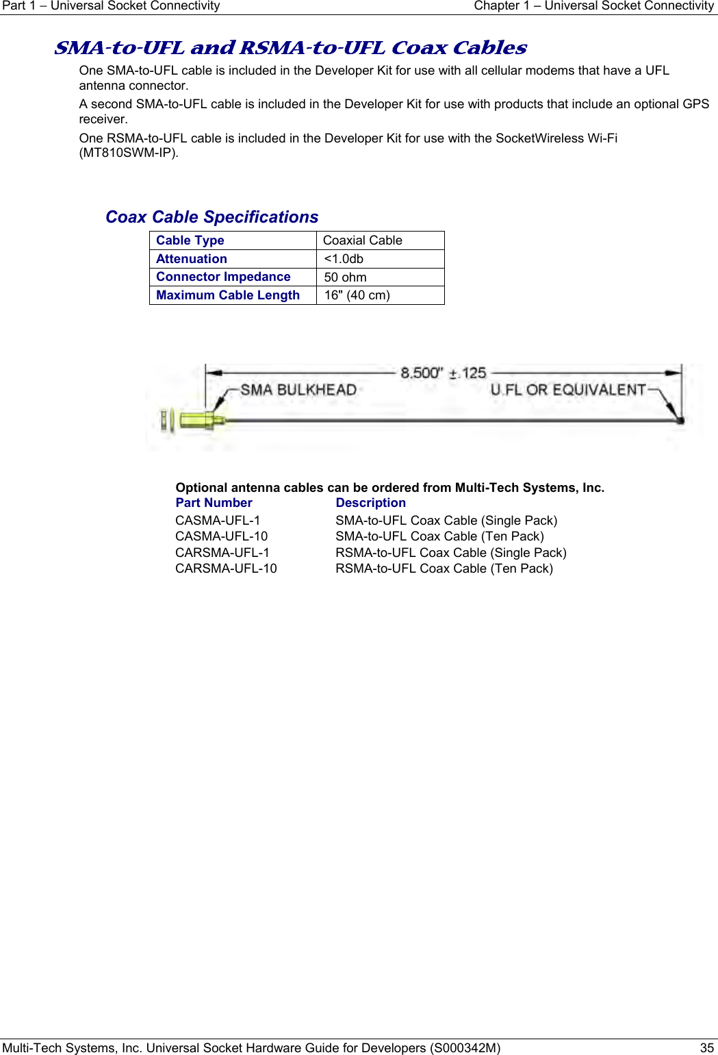 Part 1 − Universal Socket Connectivity  Chapter 1 – Universal Socket Connectivity Multi-Tech Systems, Inc. Universal Socket Hardware Guide for Developers (S000342M)  35  SMA-to-UFL and RSMA-to-UFL Coax Cables One SMA-to-UFL cable is included in the Developer Kit for use with all cellular modems that have a UFL antenna connector. A second SMA-to-UFL cable is included in the Developer Kit for use with products that include an optional GPS receiver. One RSMA-to-UFL cable is included in the Developer Kit for use with the SocketWireless Wi-Fi  (MT810SWM-IP).   Coax Cable Specifications Cable Type  Coaxial Cable Attenuation  &lt;1.0db Connector Impedance  50 ohm Maximum Cable Length  16&quot; (40 cm)        Optional antenna cables can be ordered from Multi-Tech Systems, Inc.  Part Number  Description CASMA-UFL-1  SMA-to-UFL Coax Cable (Single Pack) CASMA-UFL-10  SMA-to-UFL Coax Cable (Ten Pack)  CARSMA-UFL-1  RSMA-to-UFL Coax Cable (Single Pack) CARSMA-UFL-10 RSMA-to-UFL Coax Cable (Ten Pack)      