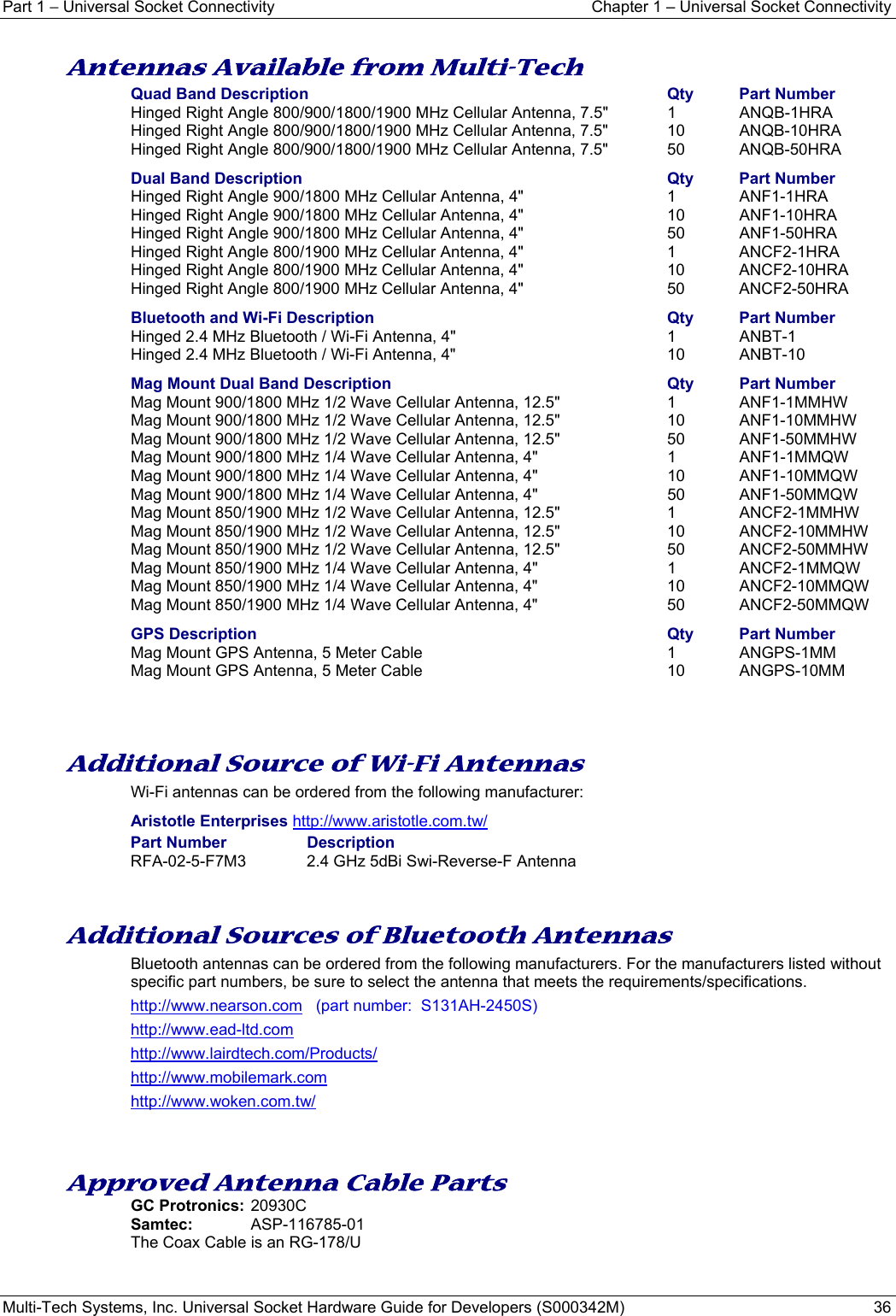 Part 1 − Universal Socket Connectivity  Chapter 1 – Universal Socket Connectivity Multi-Tech Systems, Inc. Universal Socket Hardware Guide for Developers (S000342M)  36   Antennas Available from Multi-Tech Quad Band Description  Qty  Part Number Hinged Right Angle 800/900/1800/1900 MHz Cellular Antenna, 7.5&quot;    1  ANQB-1HRA   Hinged Right Angle 800/900/1800/1900 MHz Cellular Antenna, 7.5&quot;  10  ANQB-10HRA Hinged Right Angle 800/900/1800/1900 MHz Cellular Antenna, 7.5&quot;  50  ANQB-50HRA Dual Band Description  Qty  Part Number Hinged Right Angle 900/1800 MHz Cellular Antenna, 4&quot;    1  ANF1-1HRA   Hinged Right Angle 900/1800 MHz Cellular Antenna, 4&quot;    10  ANF1-10HRA   Hinged Right Angle 900/1800 MHz Cellular Antenna, 4&quot;    50  ANF1-50HRA   Hinged Right Angle 800/1900 MHz Cellular Antenna, 4&quot;    1  ANCF2-1HRA Hinged Right Angle 800/1900 MHz Cellular Antenna, 4&quot;    10  ANCF2-10HRA Hinged Right Angle 800/1900 MHz Cellular Antenna, 4&quot;    50  ANCF2-50HRA Bluetooth and Wi-Fi Description  Qty  Part Number Hinged 2.4 MHz Bluetooth / Wi-Fi Antenna, 4&quot;  1  ANBT-1 Hinged 2.4 MHz Bluetooth / Wi-Fi Antenna, 4&quot;  10  ANBT-10 Mag Mount Dual Band Description  Qty  Part Number Mag Mount 900/1800 MHz 1/2 Wave Cellular Antenna, 12.5&quot;  1  ANF1-1MMHW Mag Mount 900/1800 MHz 1/2 Wave Cellular Antenna, 12.5&quot;  10  ANF1-10MMHW Mag Mount 900/1800 MHz 1/2 Wave Cellular Antenna, 12.5&quot;  50  ANF1-50MMHW Mag Mount 900/1800 MHz 1/4 Wave Cellular Antenna, 4&quot;  1  ANF1-1MMQW Mag Mount 900/1800 MHz 1/4 Wave Cellular Antenna, 4&quot;  10  ANF1-10MMQW Mag Mount 900/1800 MHz 1/4 Wave Cellular Antenna, 4&quot;  50  ANF1-50MMQW Mag Mount 850/1900 MHz 1/2 Wave Cellular Antenna, 12.5&quot;  1  ANCF2-1MMHW Mag Mount 850/1900 MHz 1/2 Wave Cellular Antenna, 12.5&quot;  10  ANCF2-10MMHW Mag Mount 850/1900 MHz 1/2 Wave Cellular Antenna, 12.5&quot;  50  ANCF2-50MMHW Mag Mount 850/1900 MHz 1/4 Wave Cellular Antenna, 4&quot;  1  ANCF2-1MMQW Mag Mount 850/1900 MHz 1/4 Wave Cellular Antenna, 4&quot;  10  ANCF2-10MMQW Mag Mount 850/1900 MHz 1/4 Wave Cellular Antenna, 4&quot;  50  ANCF2-50MMQW GPS Description  Qty  Part Number Mag Mount GPS Antenna, 5 Meter Cable  1  ANGPS-1MM Mag Mount GPS Antenna, 5 Meter Cable  10  ANGPS-10MM    Additional Source of Wi-Fi Antennas  Wi-Fi antennas can be ordered from the following manufacturer:  Aristotle Enterprises http://www.aristotle.com.tw/ Part Number  Description RFA-02-5-F7M3  2.4 GHz 5dBi Swi-Reverse-F Antenna   Additional Sources of Bluetooth Antennas Bluetooth antennas can be ordered from the following manufacturers. For the manufacturers listed without specific part numbers, be sure to select the antenna that meets the requirements/specifications.  http://www.nearson.com   (part number:  S131AH-2450S)  http://www.ead-ltd.com http://www.lairdtech.com/Products/ http://www.mobilemark.com http://www.woken.com.tw/    Approved Antenna Cable Parts GC Protronics: 20930C Samtec: ASP-116785-01 The Coax Cable is an RG-178/U   