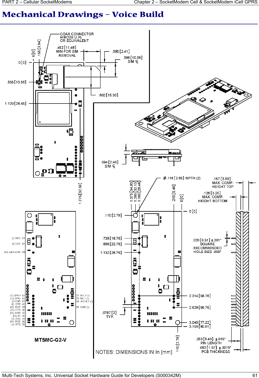 PART 2 – Cellular SocketModems   Chapter 2 – SocketModem Cell &amp; SocketModem iCell GPRS Multi-Tech Systems, Inc. Universal Socket Hardware Guide for Developers (S000342M)  61   Mechanical Drawings – Voice Build  