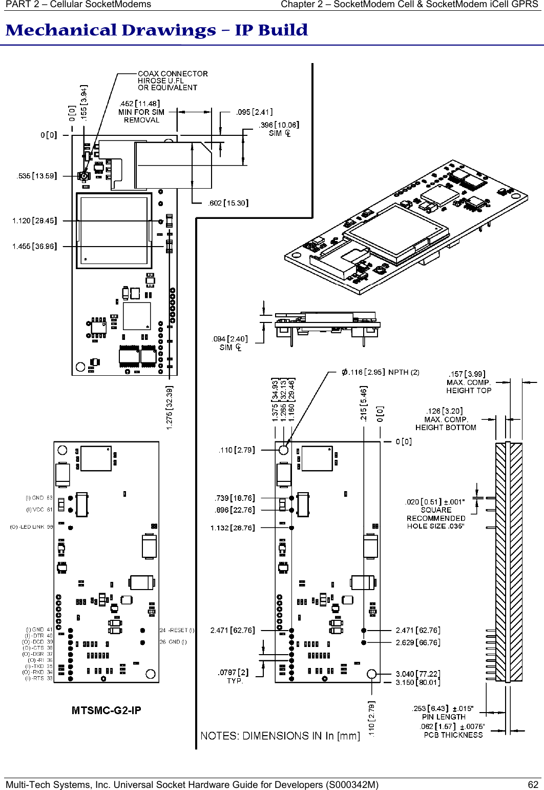 PART 2 – Cellular SocketModems   Chapter 2 – SocketModem Cell &amp; SocketModem iCell GPRS Multi-Tech Systems, Inc. Universal Socket Hardware Guide for Developers (S000342M)  62  Mechanical Drawings – IP Build 