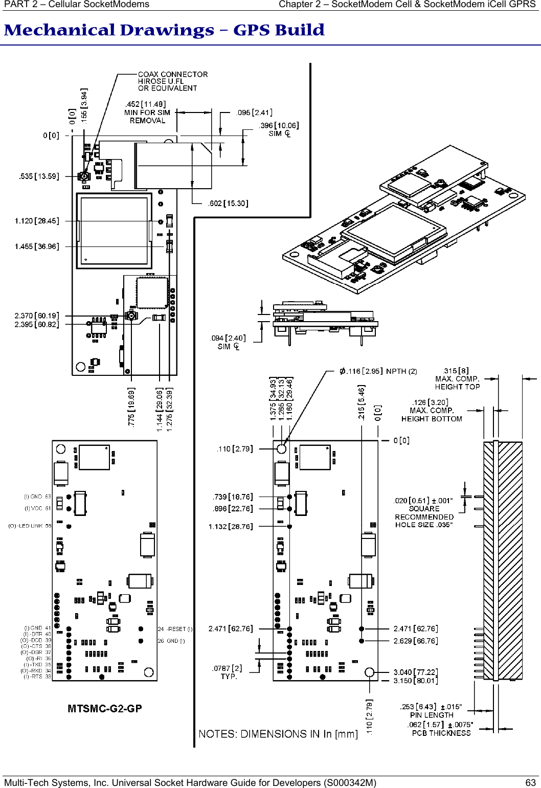 PART 2 – Cellular SocketModems   Chapter 2 – SocketModem Cell &amp; SocketModem iCell GPRS Multi-Tech Systems, Inc. Universal Socket Hardware Guide for Developers (S000342M)  63  Mechanical Drawings – GPS Build  